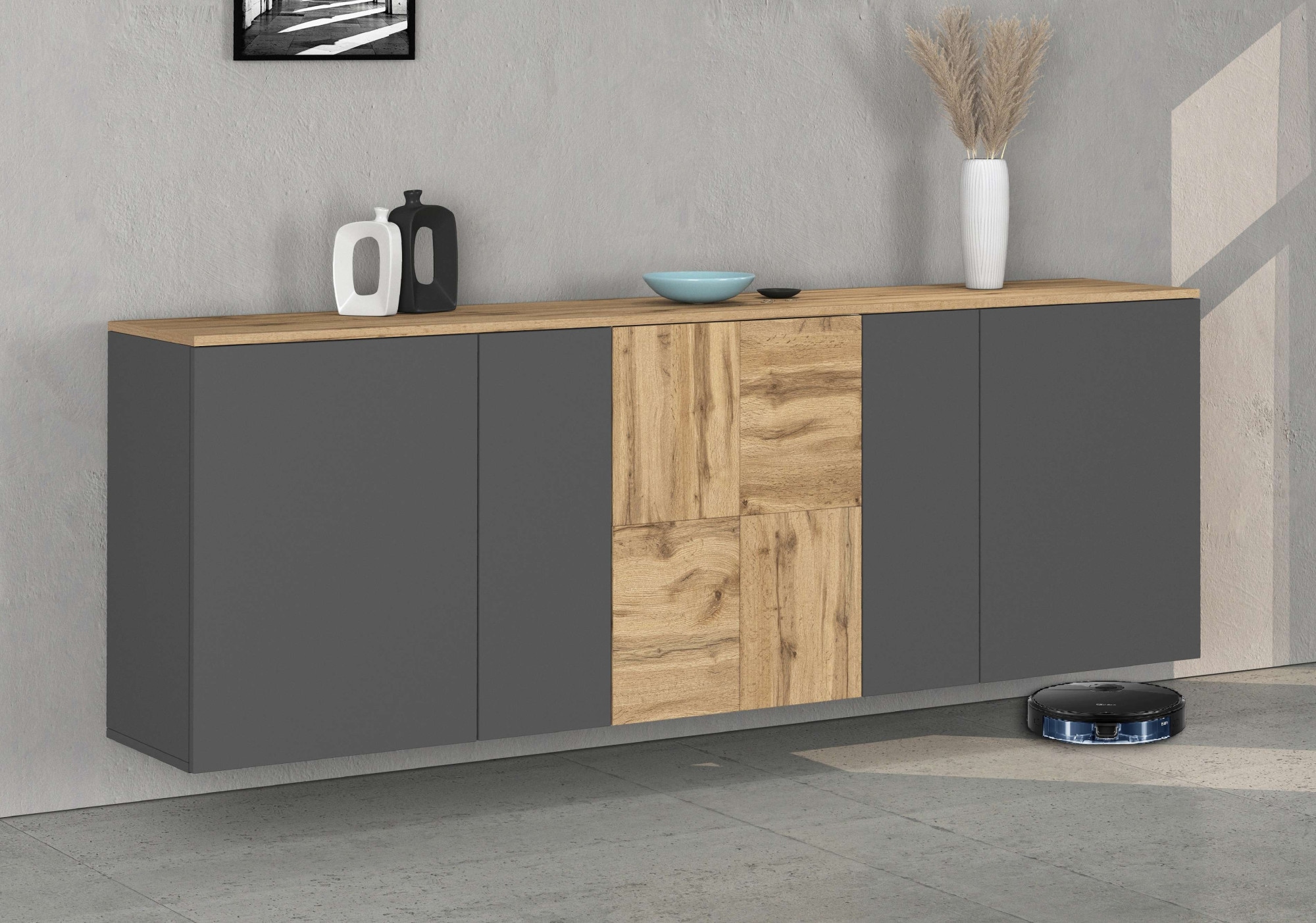 GOODproduct Sideboard »ISEO, Kommode, Schrank, Sideboard, Lowboard, 6 Fächer, Breite 200 cm« 1 Stk. tlg. stehend/hängend, 5 Türen, 6 Fächer, Breite 200 cm