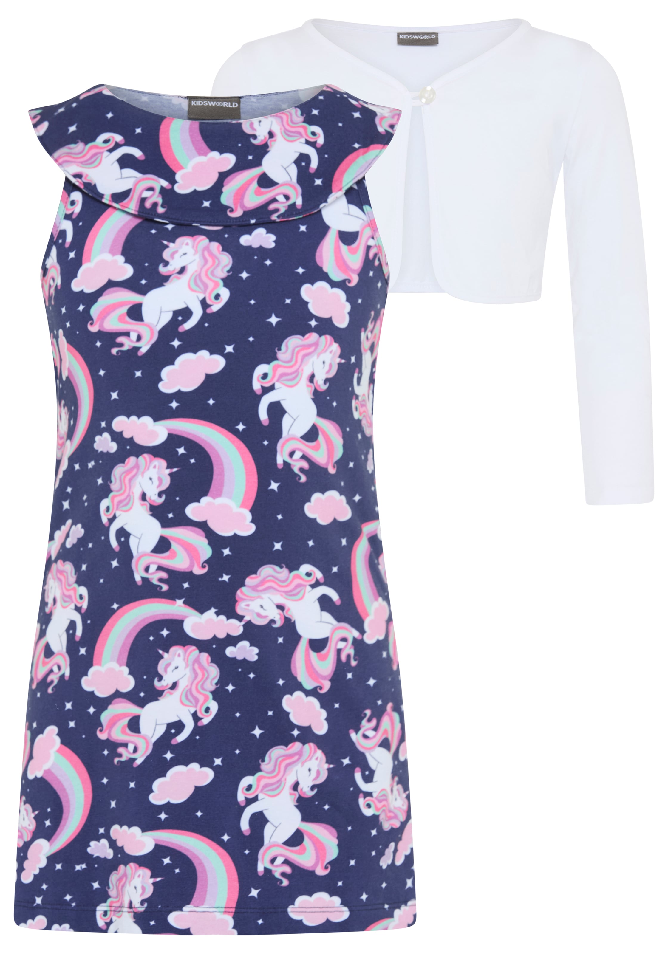 KIDSWORLD Bolero, Kleid & Leggings »2 tlg Set Kleid+Bolero Einhorn« Set, 2, 2 tlg. bedrucktes Design, aus Baumwollmischung, Single Jersey Material