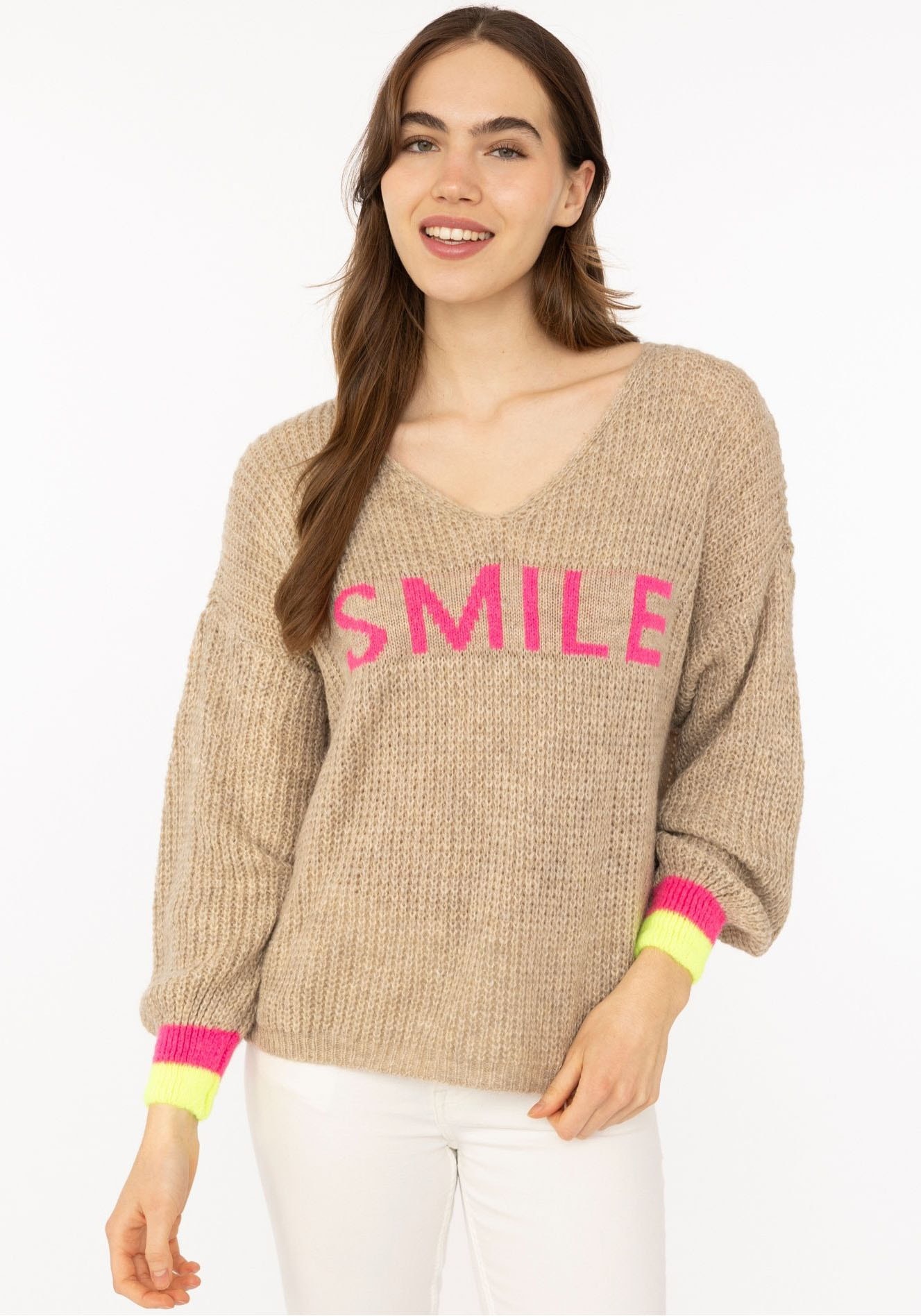 Image of Zwillingsherz Strickpullover ""Smile"" Langarm, One Size, V-Ausschnitt, Neon-Details, Schriftzug
