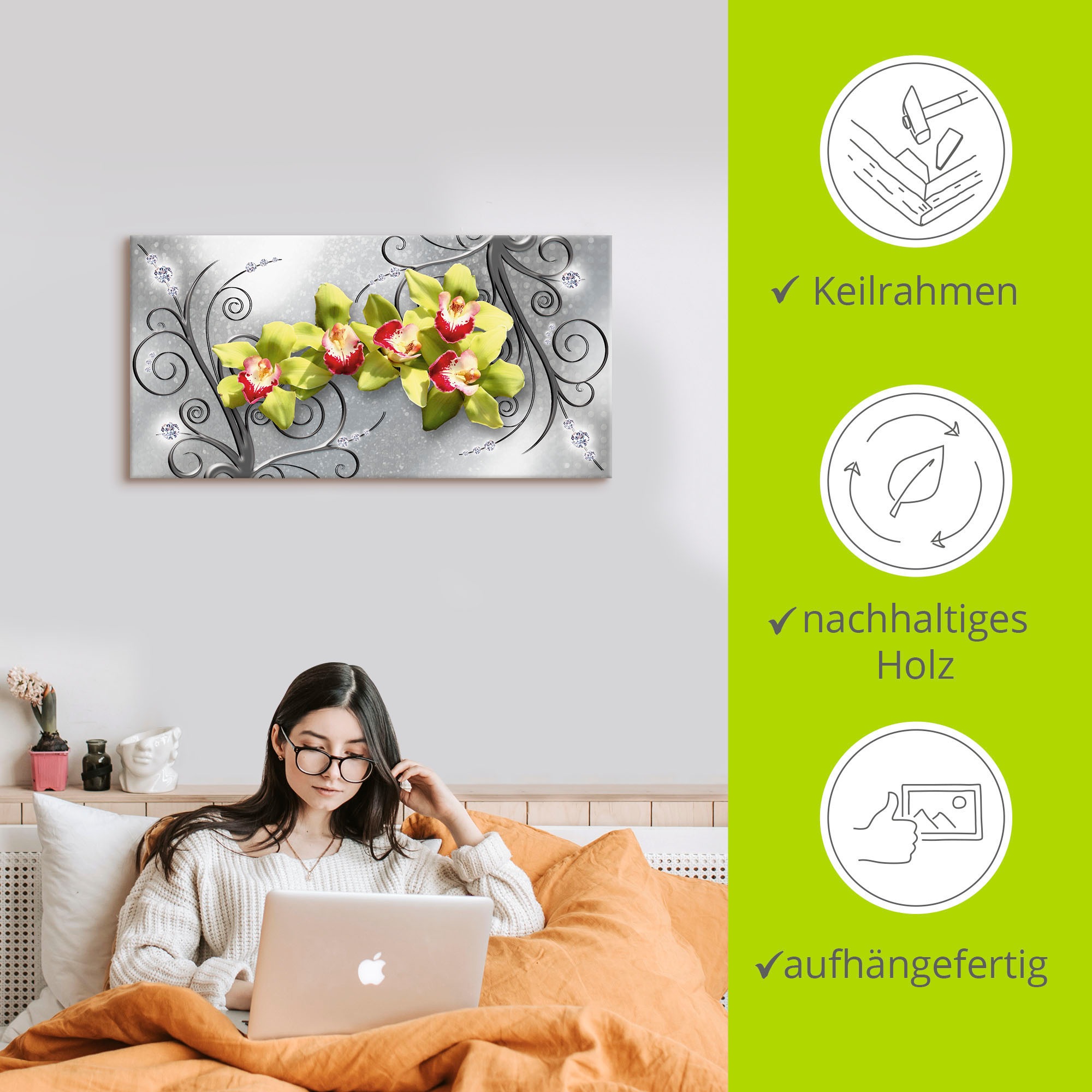 Artland Wandbild »Grüne Orchideen auf Ornamenten«, Blumenbilder, (1 St.), als Alubild, Outdoorbild, Leinwandbild, Poster, Wandaufkleber