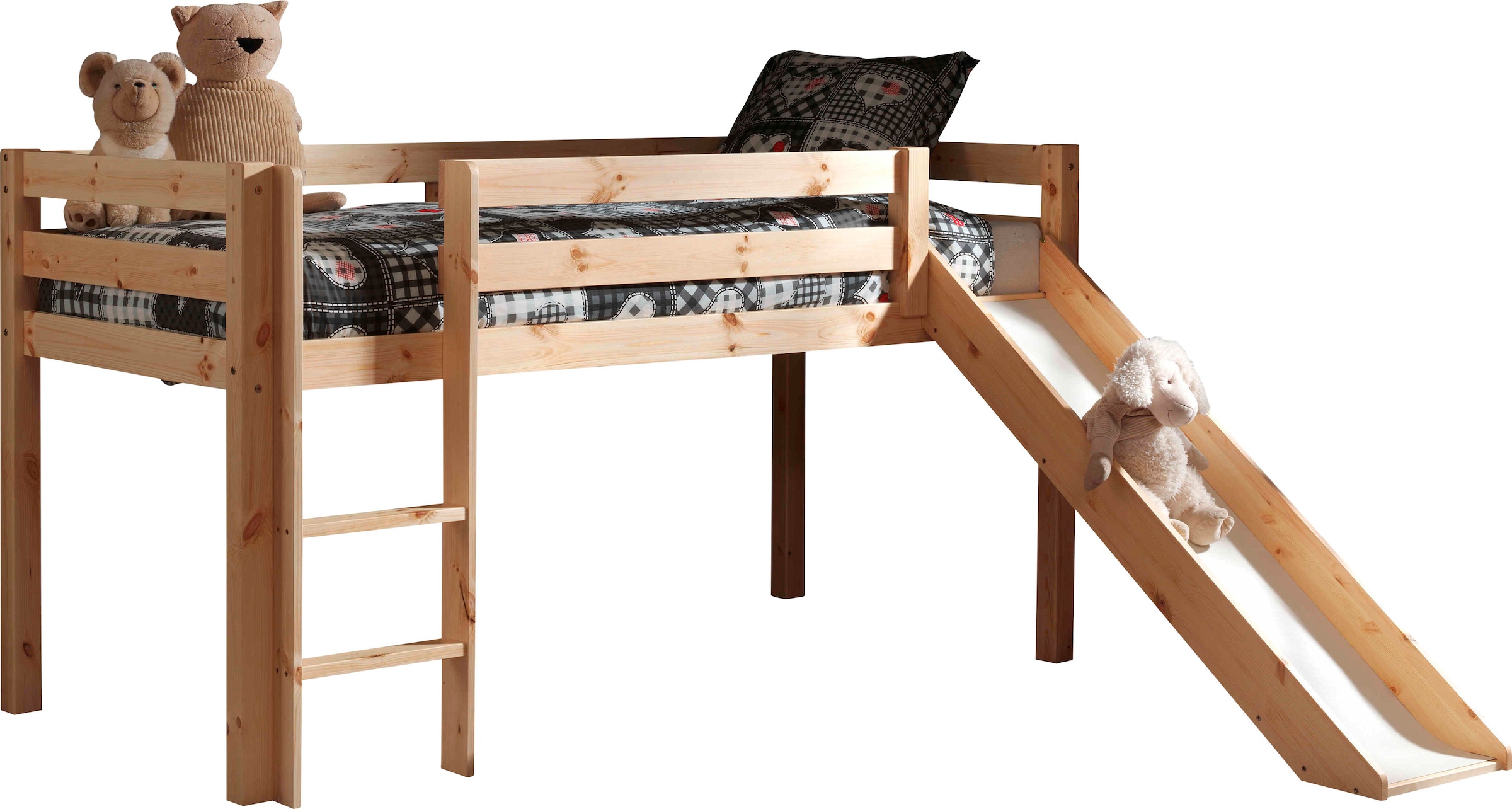 Vipack Hochbett »Pino, inkl. Rolllattenrost, Leiter, Rutsche und Absturzschutz« B/H/T ca. 210x114x218cm, Kiefer massiv, stabil und standfest,  in verschiedenen Farben erhältlich