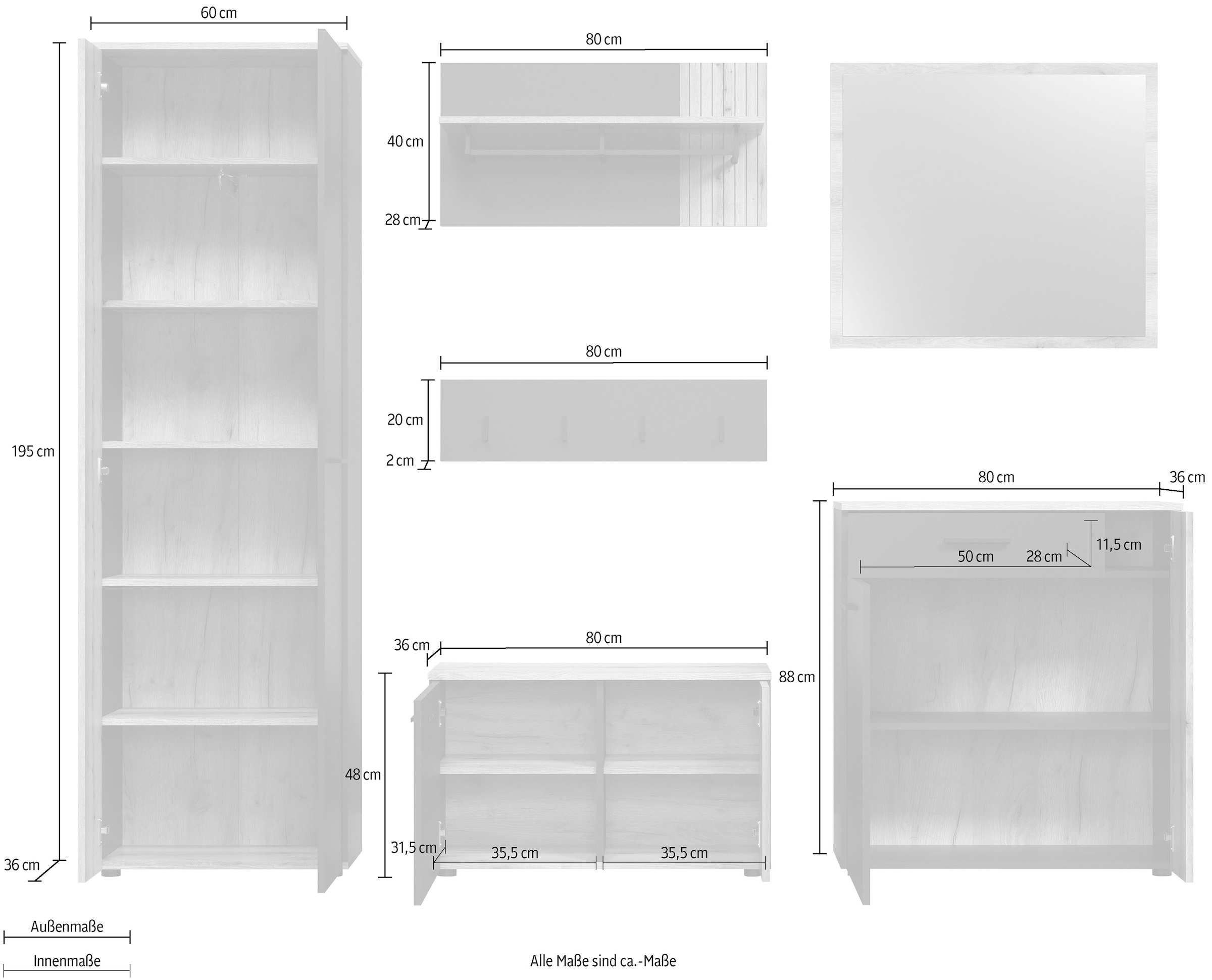 INOSIGN Garderoben-Set »Estepona«, (Komplett-Set, 6 St.), Garderobenmöbel mit Rillenoptik - Masse (B/T/H) 250/36/195 cm