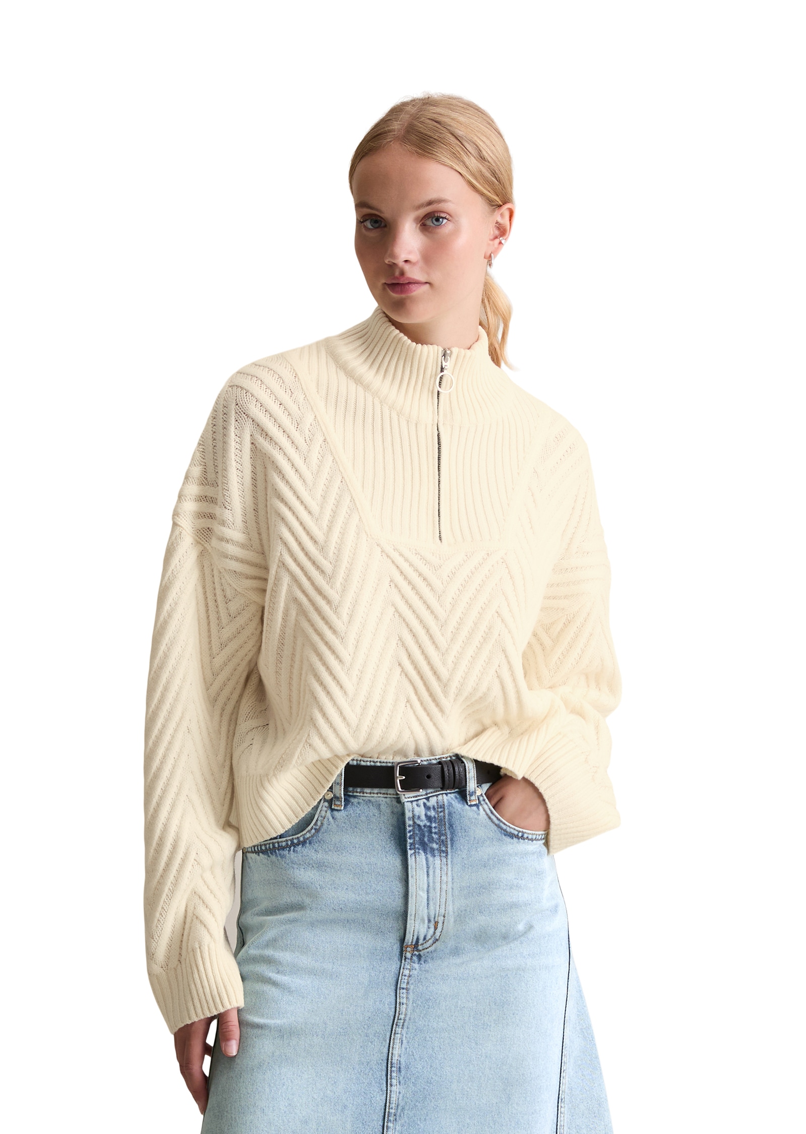 Image of Marc OPolo DENIM Troyer relaxed fit aus weichem Schurwolle-Mix, 3D-Zickzack-Design