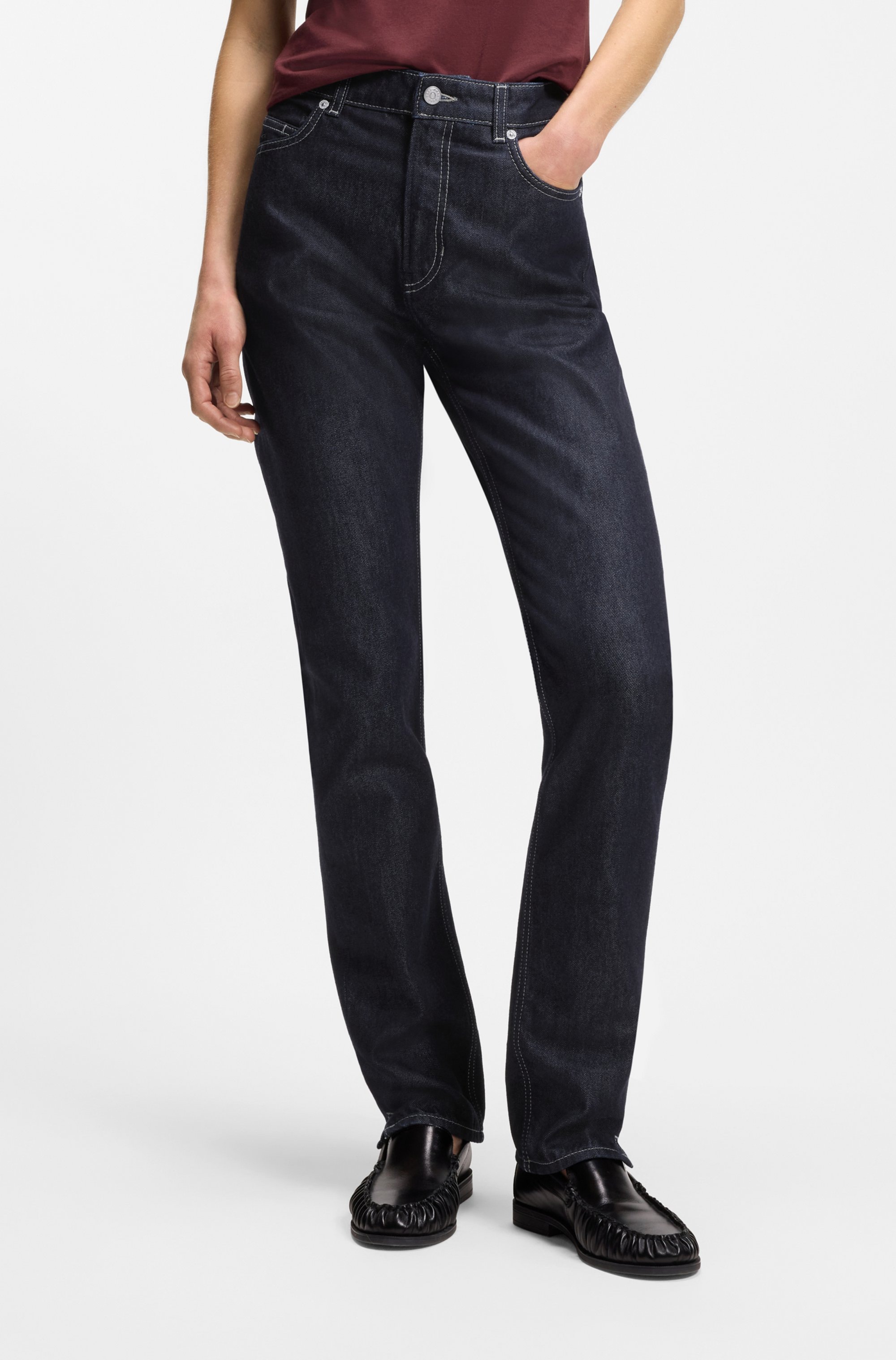 Image of BOSS ORANGE High-waist-Jeans "ADA SLIM HR 1.0 Premium Damenmode" mit kleinen Schlitzen am Saum