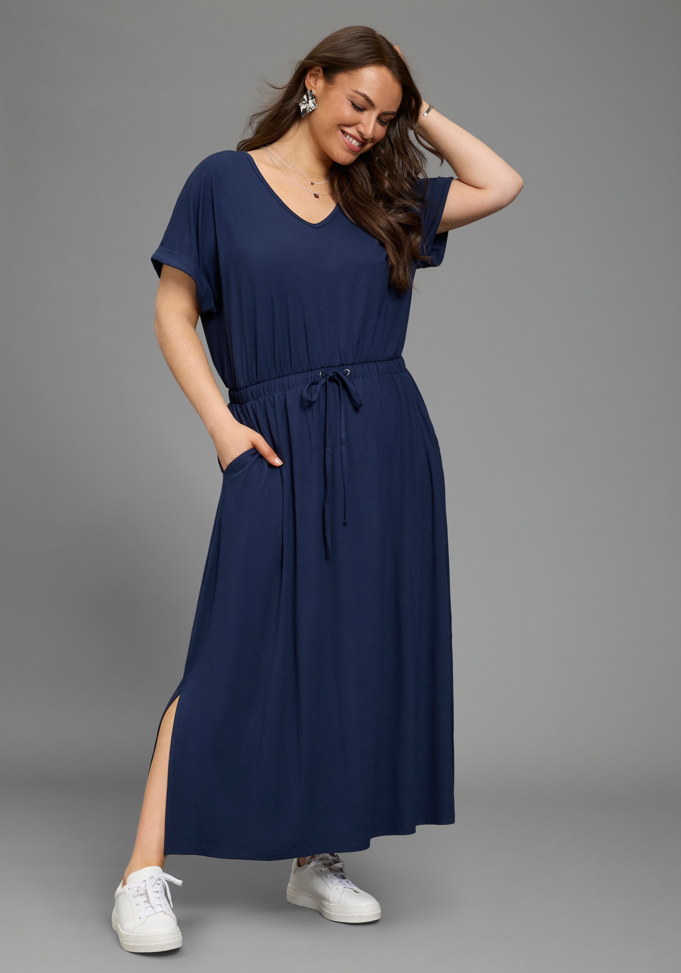 Laura Scott CURVE Robe en jersey in Midilänge, V-Ausschnitt, praktische Eingrifftaschen