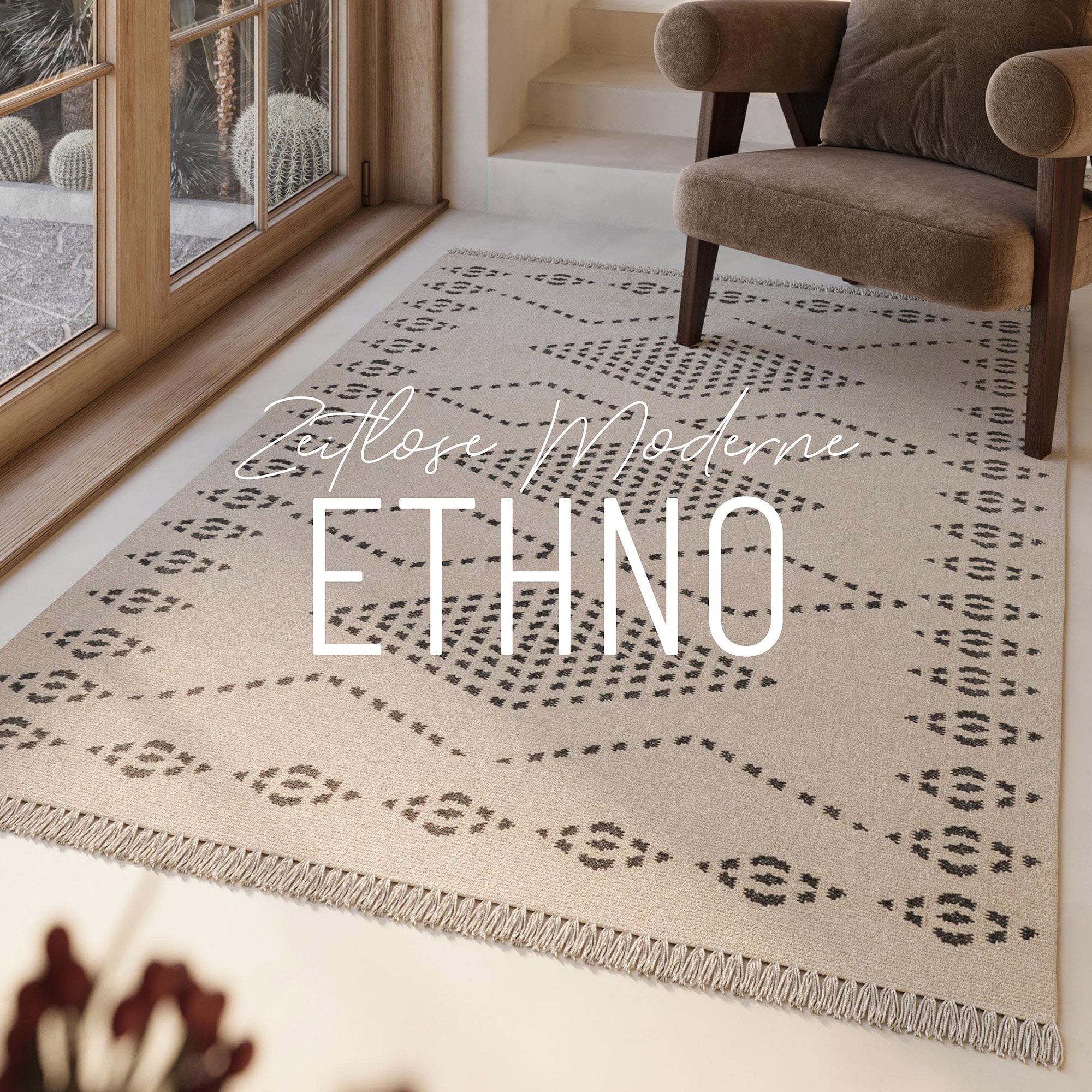 Green Looop Wollteppich »Belmont« rechteckig 5 mm Höhe Fransen, Kelim, handgewebt, Natur, Wohnzimmer, Schlafzimmer, Raute