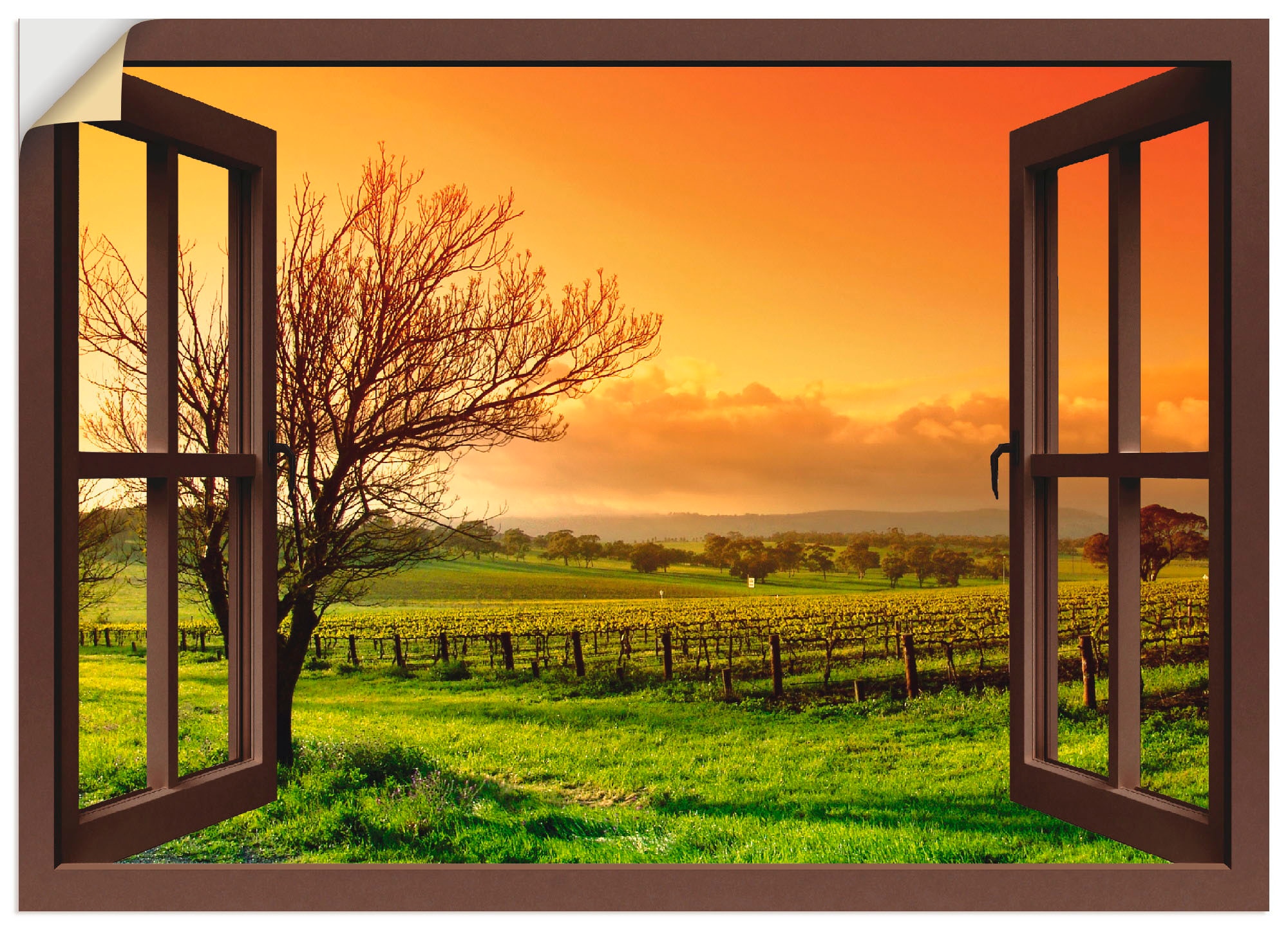 Artland Wandbild »Fensterblick - Landschaft mit Weinbergen«, Fensterblick, (1  St.), als Leinwandbild, Wandaufkleber oder Poster in versch. Grössen
