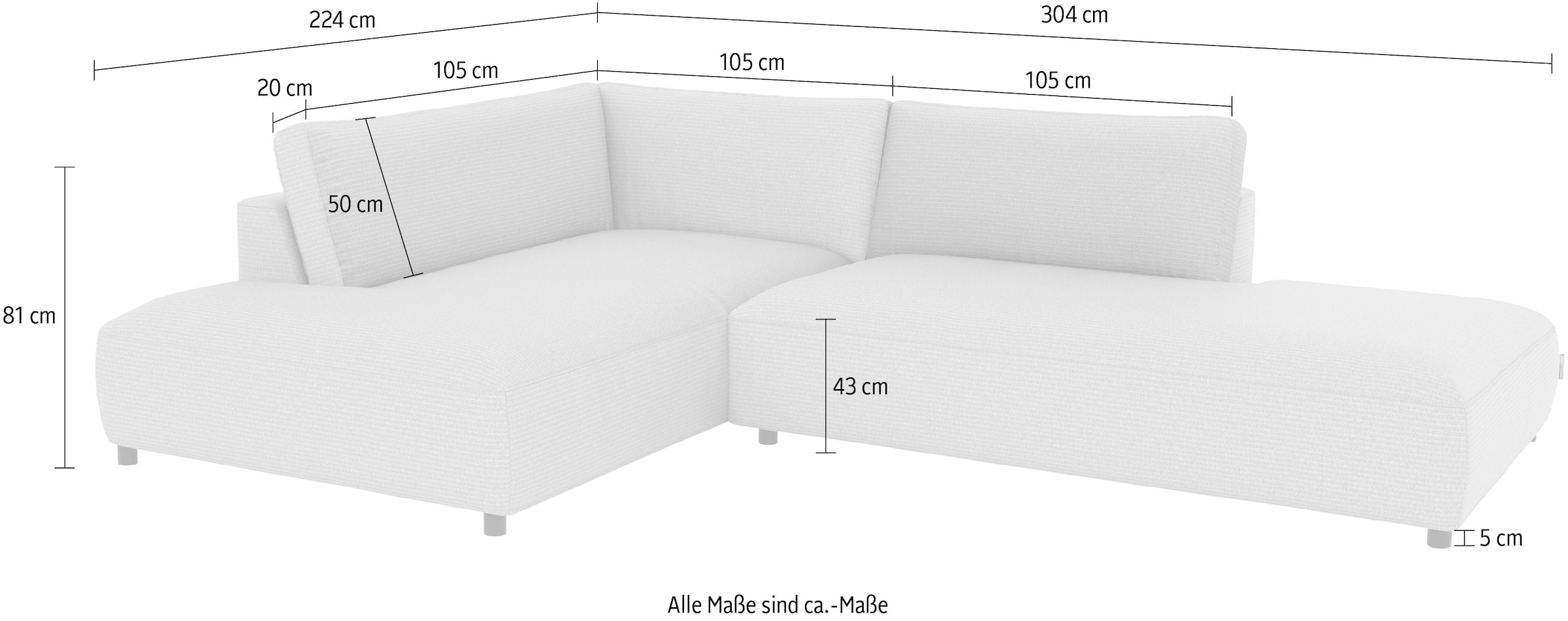 Musterring Canapé d'angle »Lucia bequem, elegant & zeitlos, elegante Sofa ohne Armlehnen« avec grand longchair, différentes couleurs, L304 x P224 cm