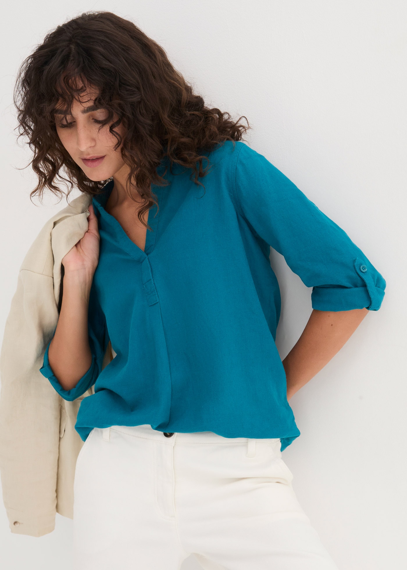 bonprix Blouse à manches longues »3/4-Arm Bluse mit Leinen« figurumspielende Passform, für vielseitige Alltagslooks