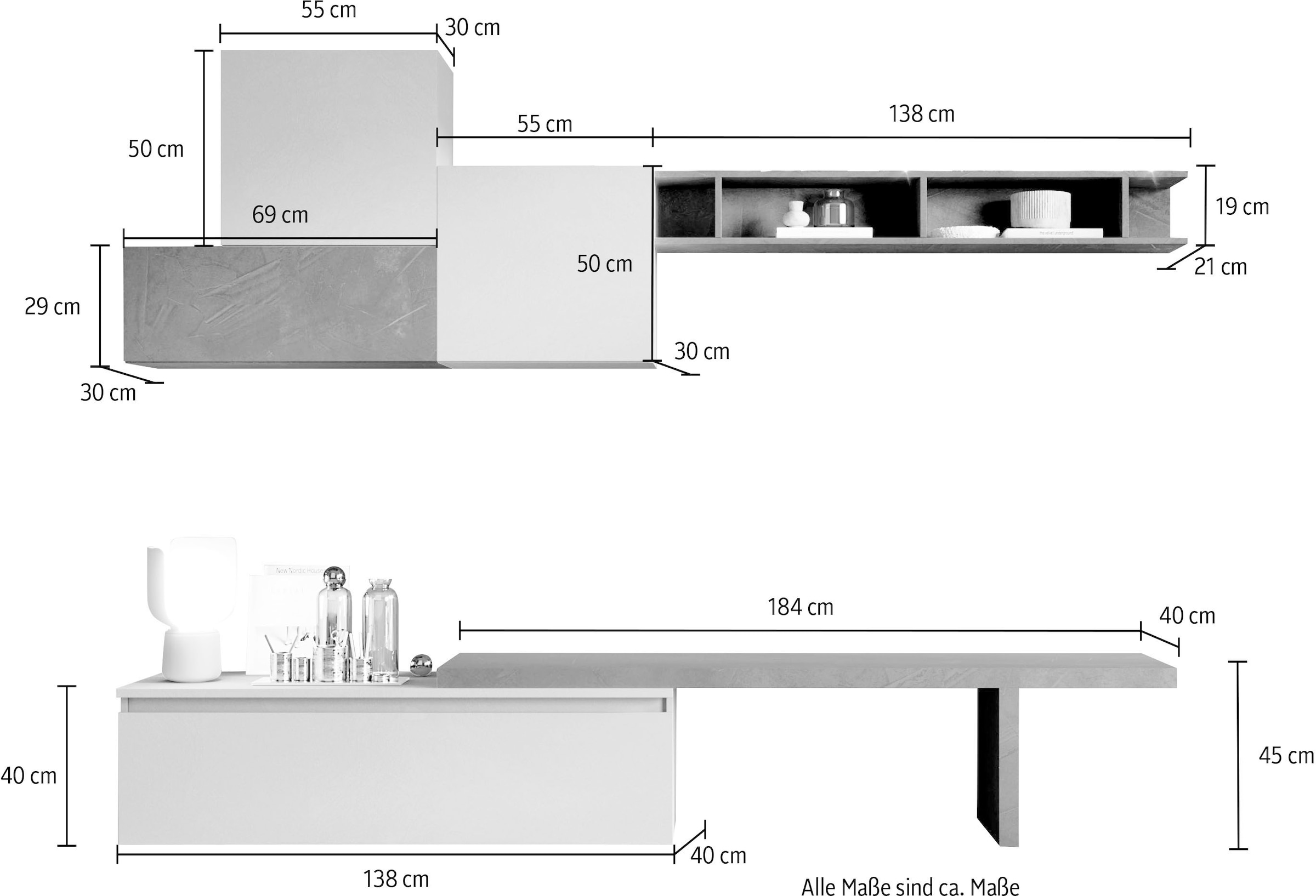 INOSIGN Wohnwand »INFINITY, 6tlg. Breite 262 cm, Höhe variabel, Schrankwand, Anbauwand«, (6 St.), (Lowboard, T-Boden, Hängeschrank, 2x Hängewürfel, Wandregal)