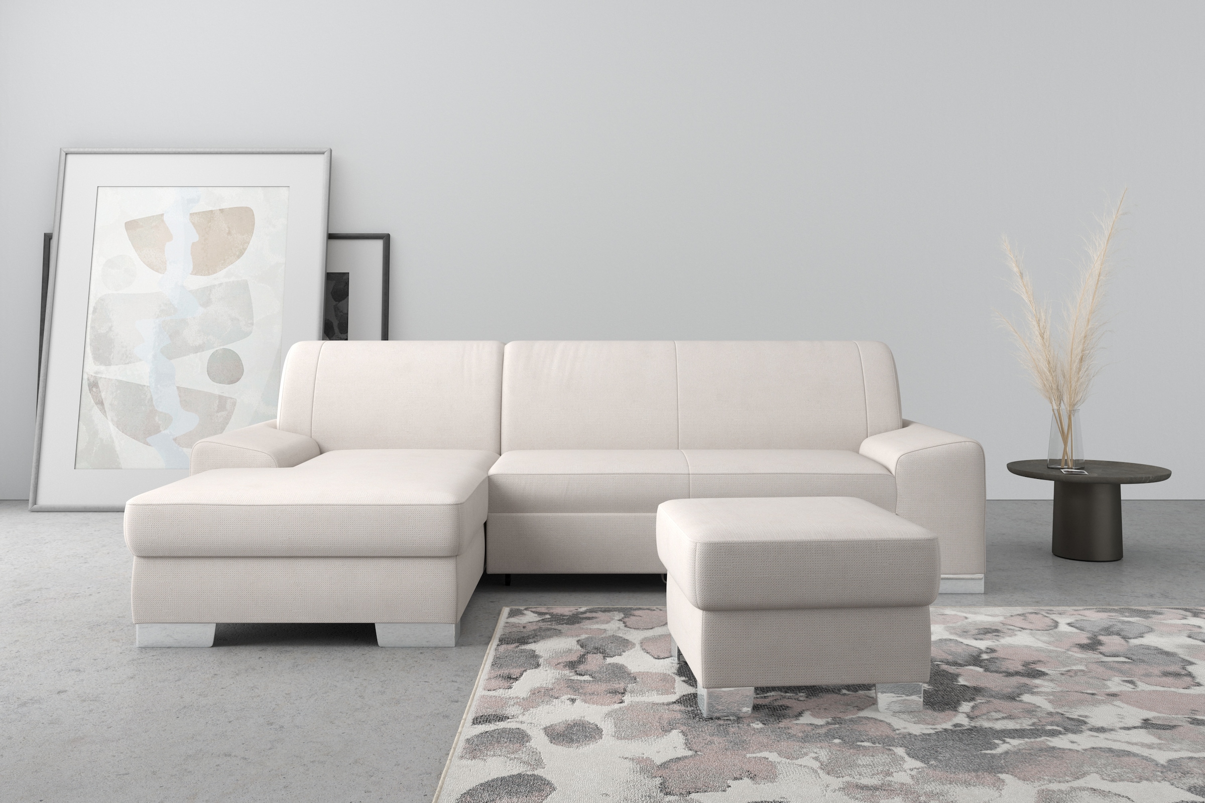 Image of DOMO collection Ecksofa "Anzio L-Form, whlw. Bettfunktion, Federkern, hochwertig, Breite 271 cm" Mit Bettfunktion, Recamiere links, Chenille-Struktur, creme