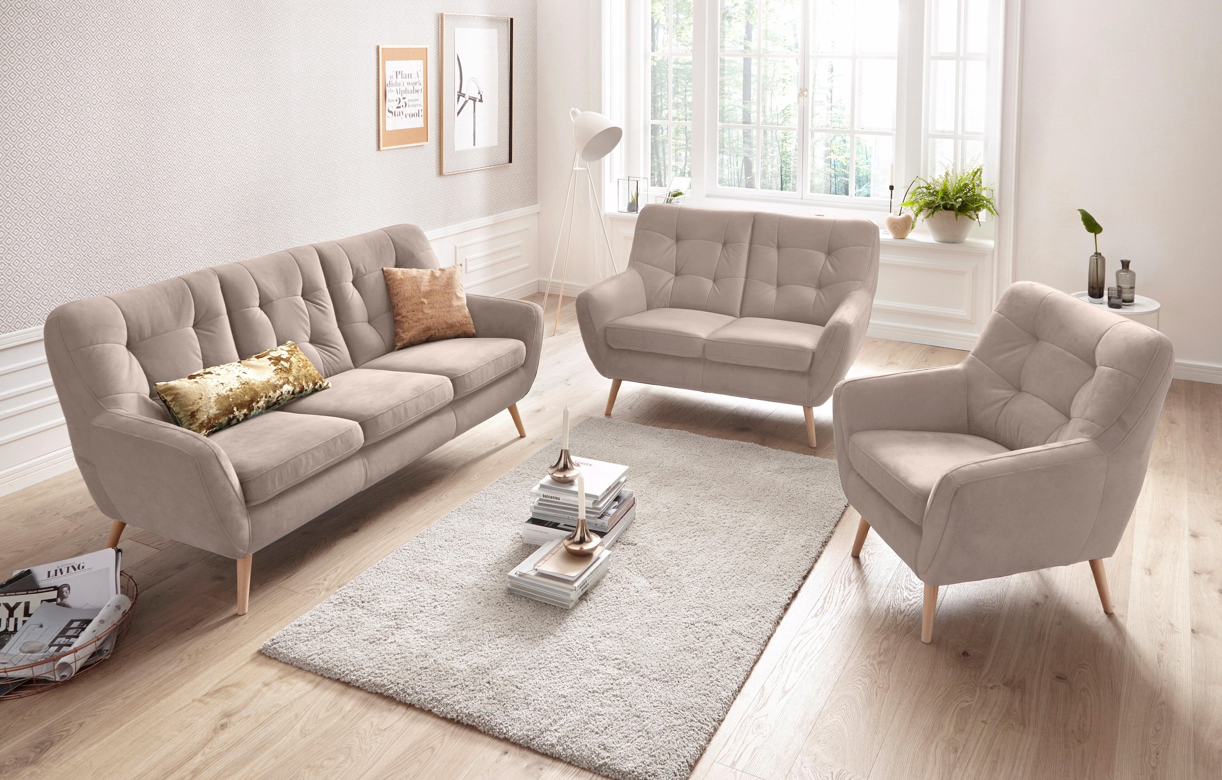 exxpo - sofa fashion 3-Sitzer »Scandi, bequem, aufwendige Rückenpolsterung für mehr Sitzkomfort«, aktuelle Farben in hochwertigen Bezugsqualitäten, Holzfuss