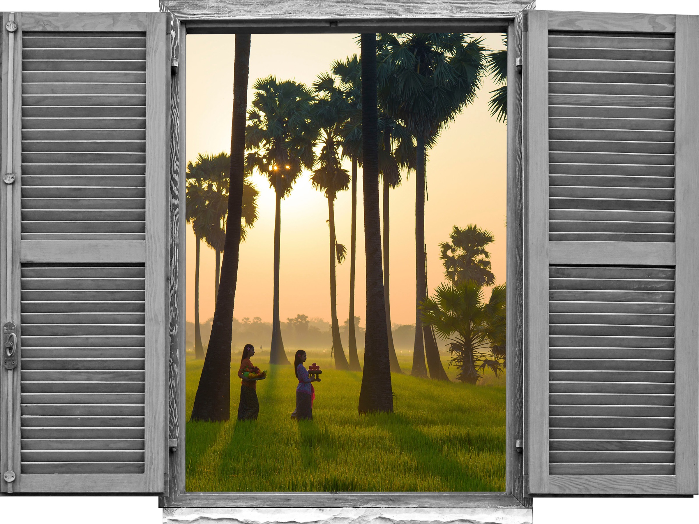 Image of queence Wandtattoo "Lichtung im Sonnenunterg" Wandsticker, Wandbild, selbstklebend, 3D, Fenster