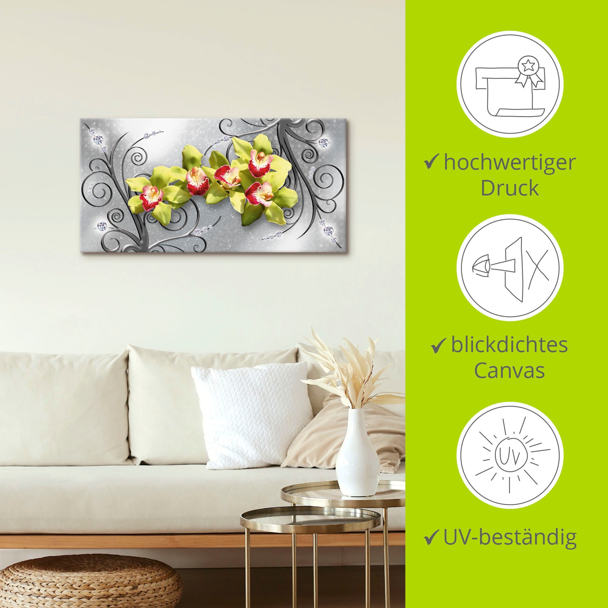 Artland Wandbild »Grüne Orchideen auf Ornamenten«, Blumenbilder, (1 St.), als Alubild, Outdoorbild, Leinwandbild, Poster, Wandaufkleber