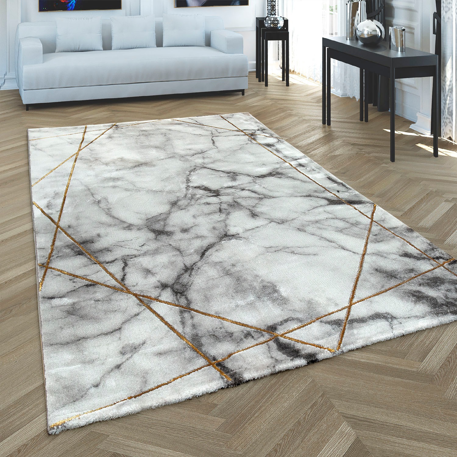 Paco Home Teppich »Kraft 523«, rechteckig, 16 mm Höhe, Kurzflor, edles Marmor Design, mit gold- oder silberfarbenen Akzenten