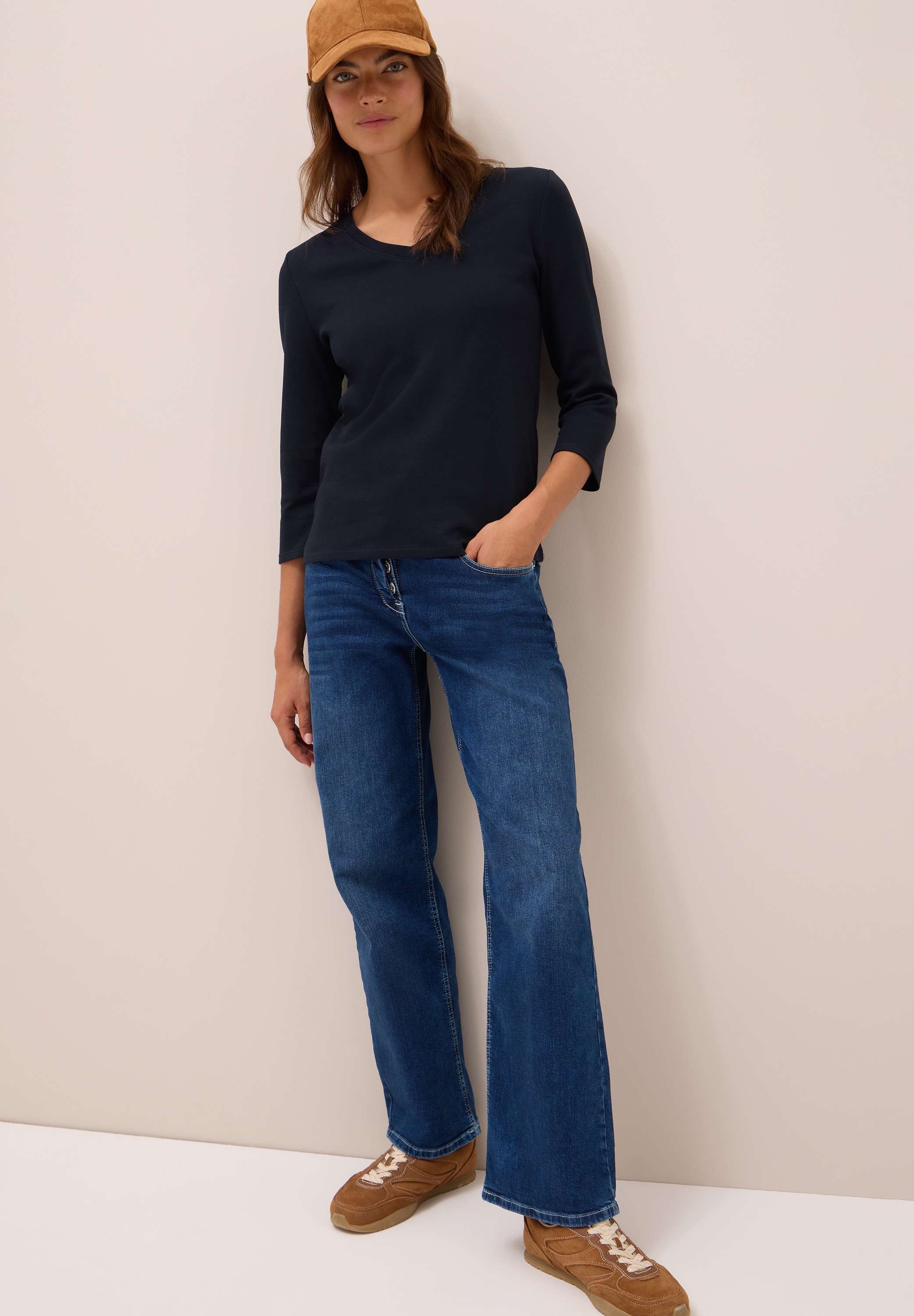 Cecil 3/4-Arm-Shirt mit V-Ausschnitt, unifarben