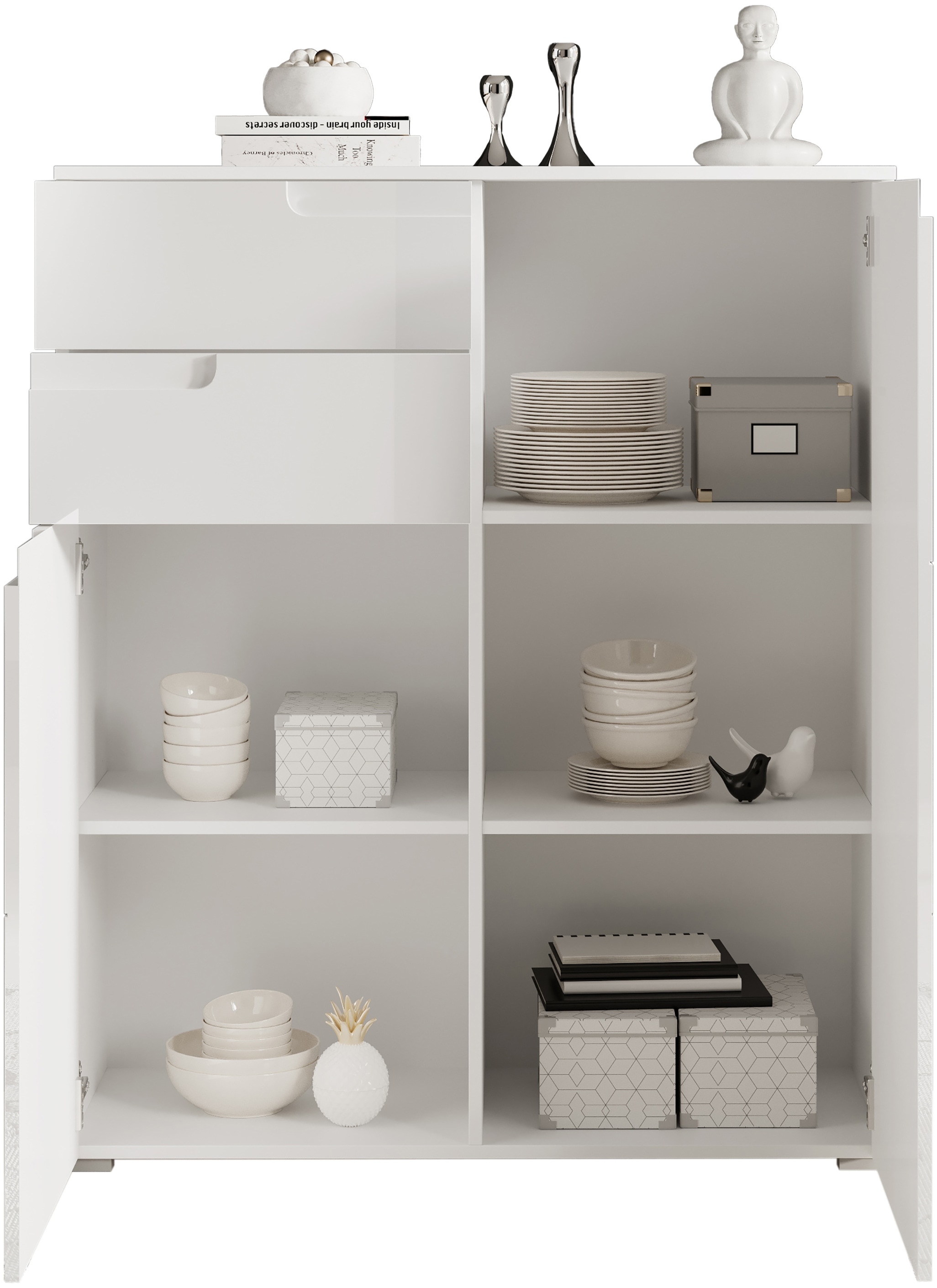 HBZ Kommode »Spice weiss hochglanz, BxHxT 100x119x40 cm«, Kommode mit 2 Türen, 2 Schubkästen und 3 Einlegeböden