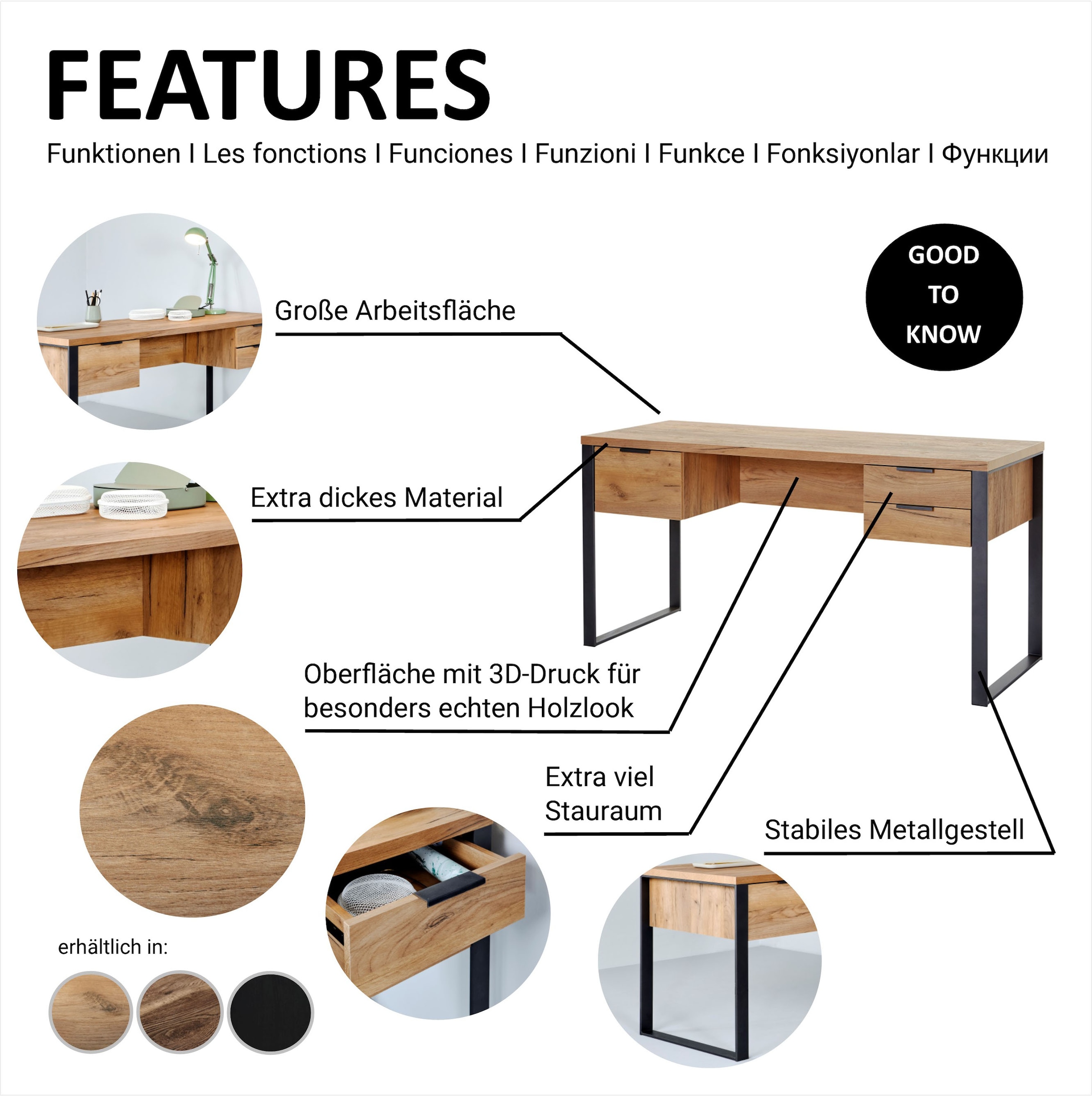 Jahnke Schreibtisch »LOOP D 150« Schreibtisch, Eiche-Optik, 3 Schubkästen, Metallrahmen, B:152,4 cm