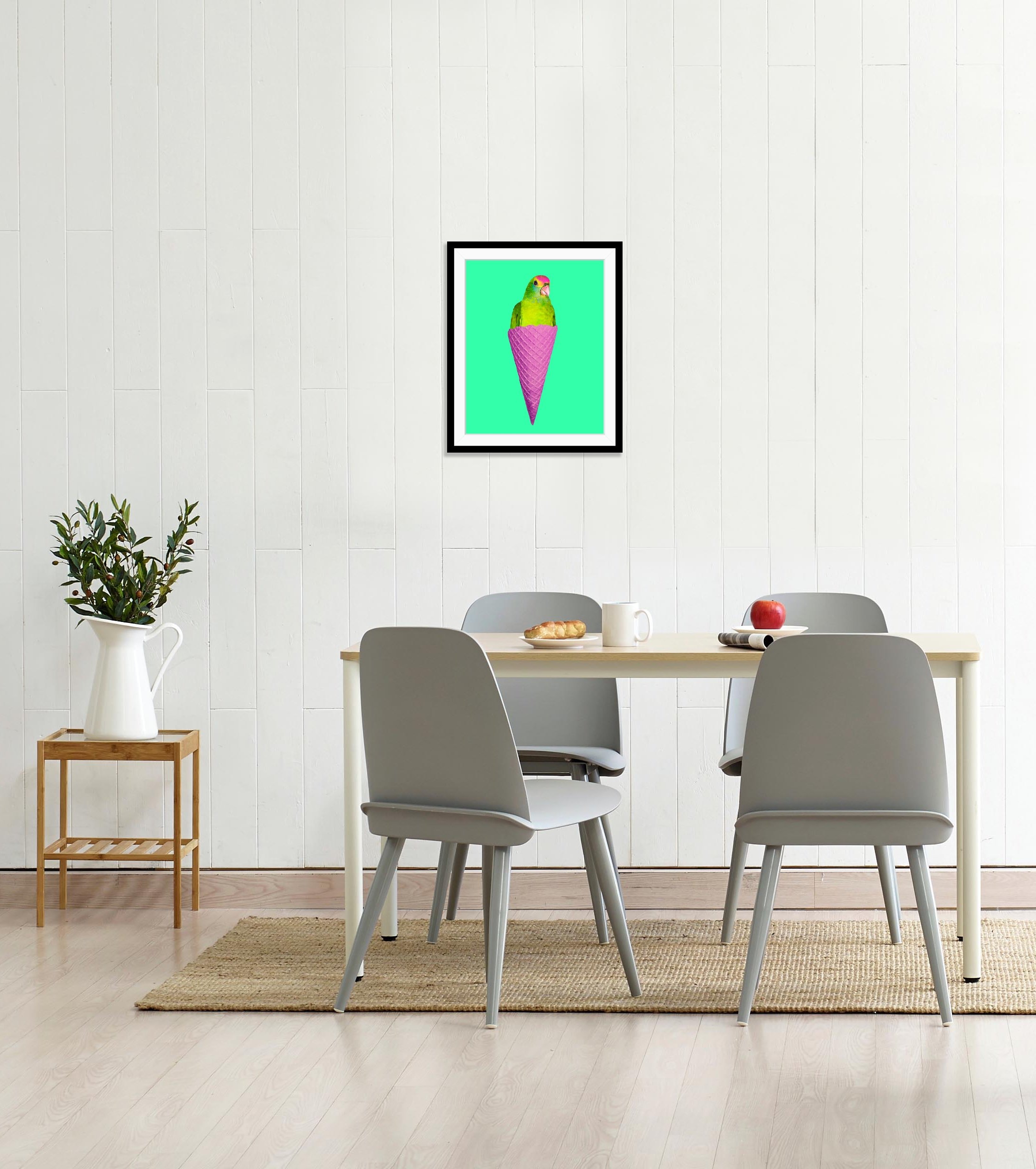 queence Bild »Merle«, Eis-Vögel-Vogelbilder-Süssigkeiten-Süssspeisen-Foto-Kunst-Papageien, HD Premium Poster-Druck inkl. Holzrahmen