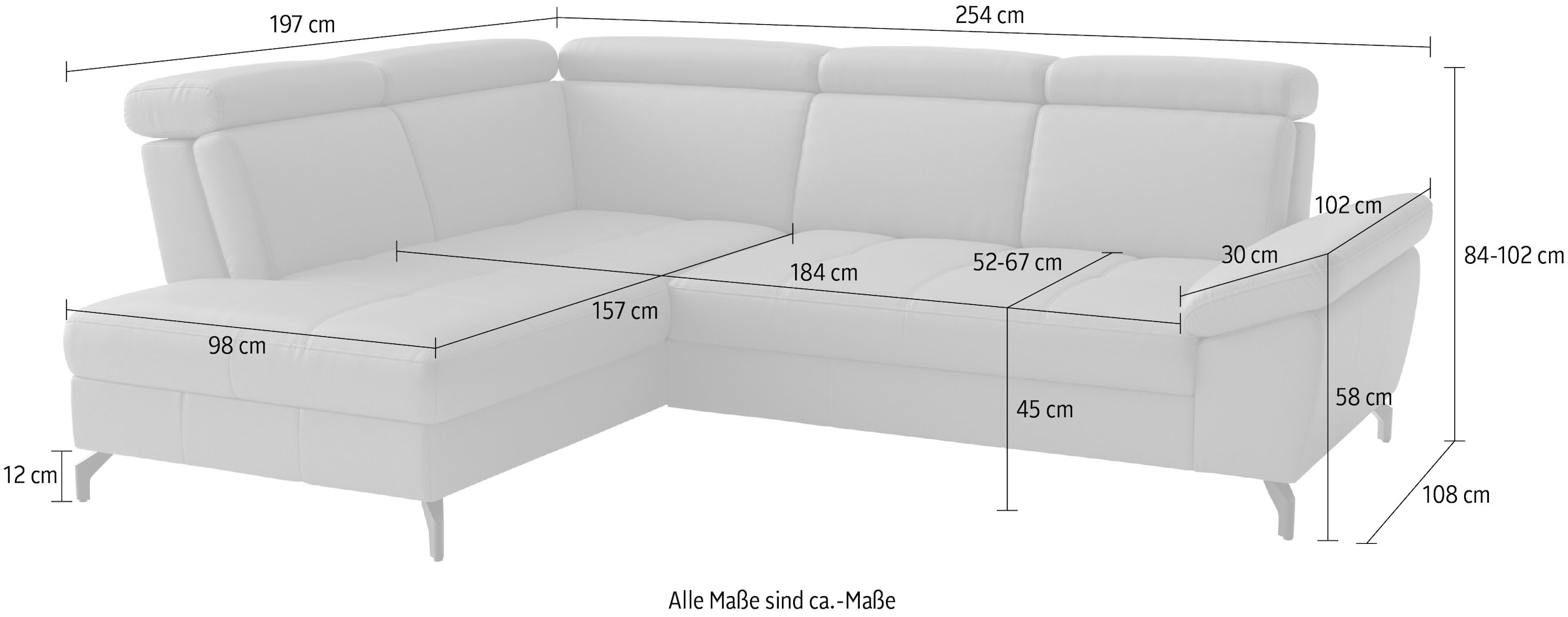 sit&more Ecksofa »Vanity L-Form, B: 254 cm, Leder« Inkl.Sitz-,Kopf-und Armteilverstellung