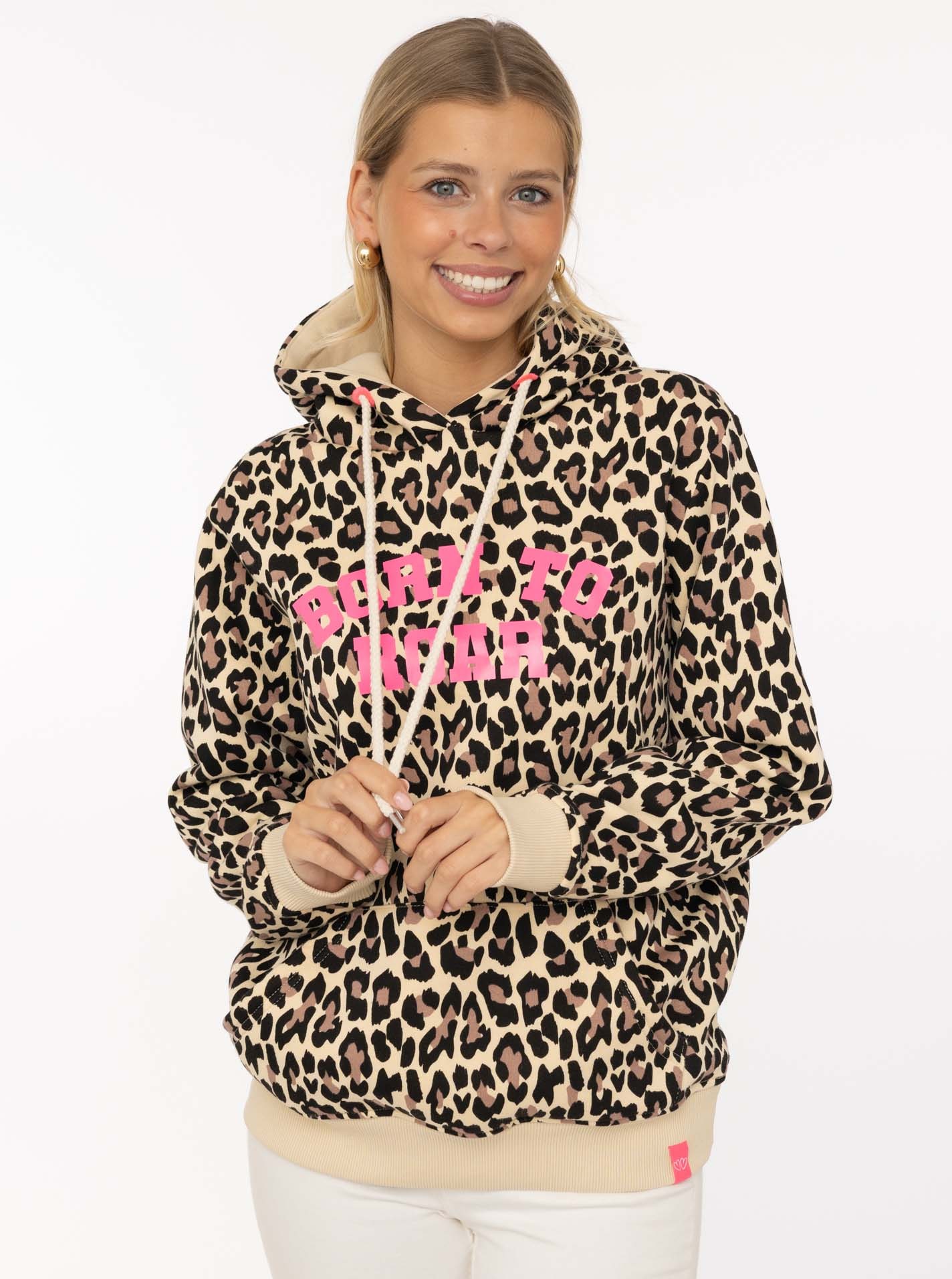 Image of Zwillingsherz Hoodie ""Born to roar"", Leo Muster, pinker Schriftzug, Kordel, Kapuze, Fronttasche