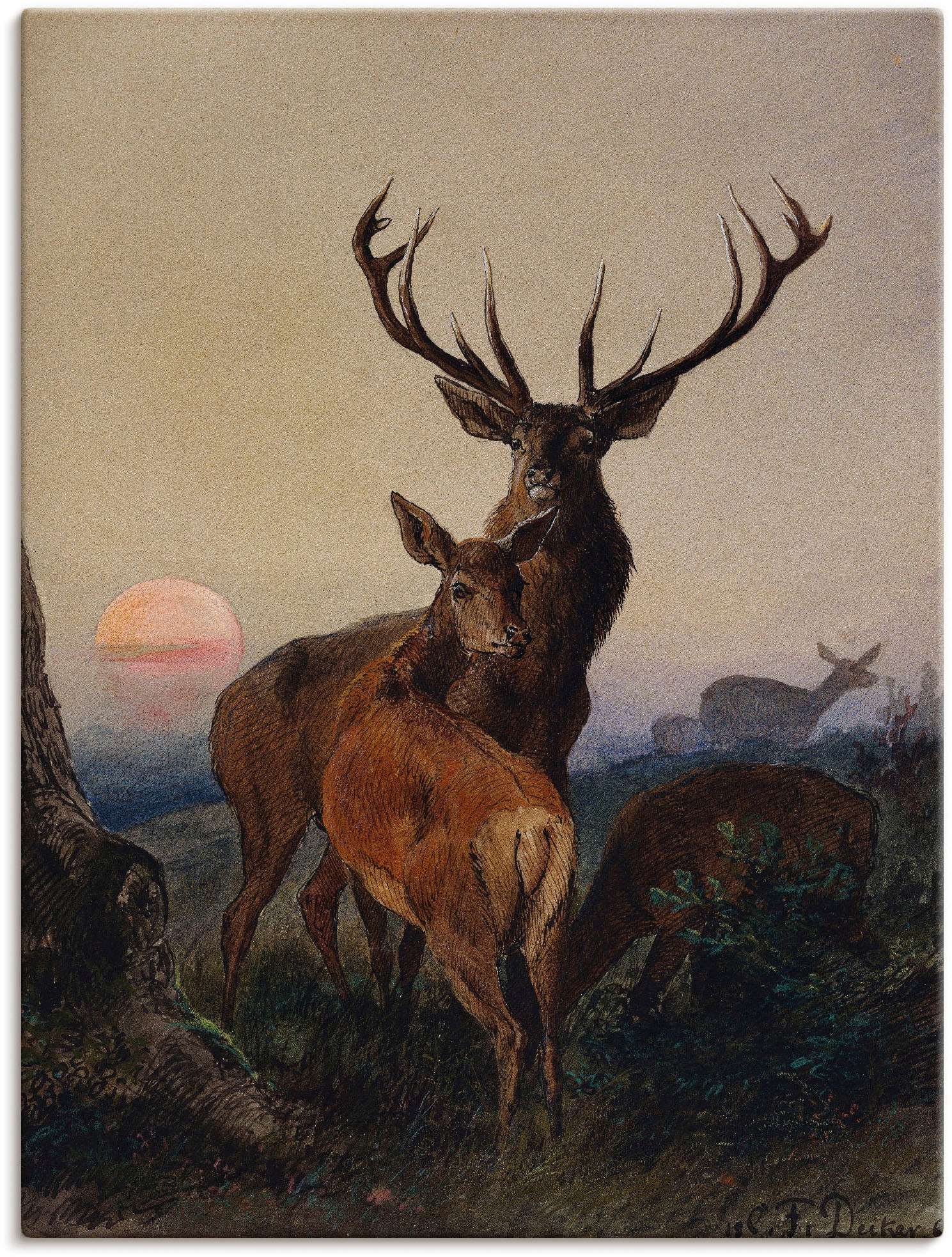 Image of Artland Wandbild »Hirsch und ein Reh bei Sonnenuntergang«, Wildtiere, (1 St.), in vielen Grössen & Produktarten -Leinwandbild, Poster, Wandaufkleber / Wandtattoo auch für Badezimmer geeignet bei Ackermann Versand Schweiz