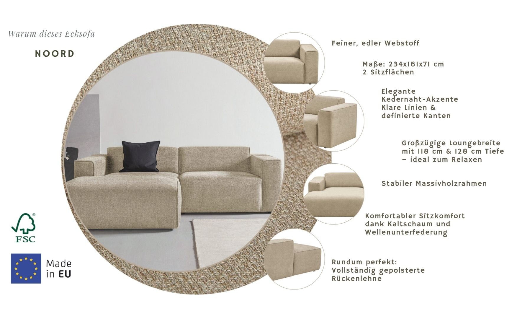Home affaire Canapé d'angle »Noord mit Kedernaht, Breite 234 cm, L-Form« Cord, Struktur, Webstoff, mit Wellenunterfederung, Massivholzrahmen