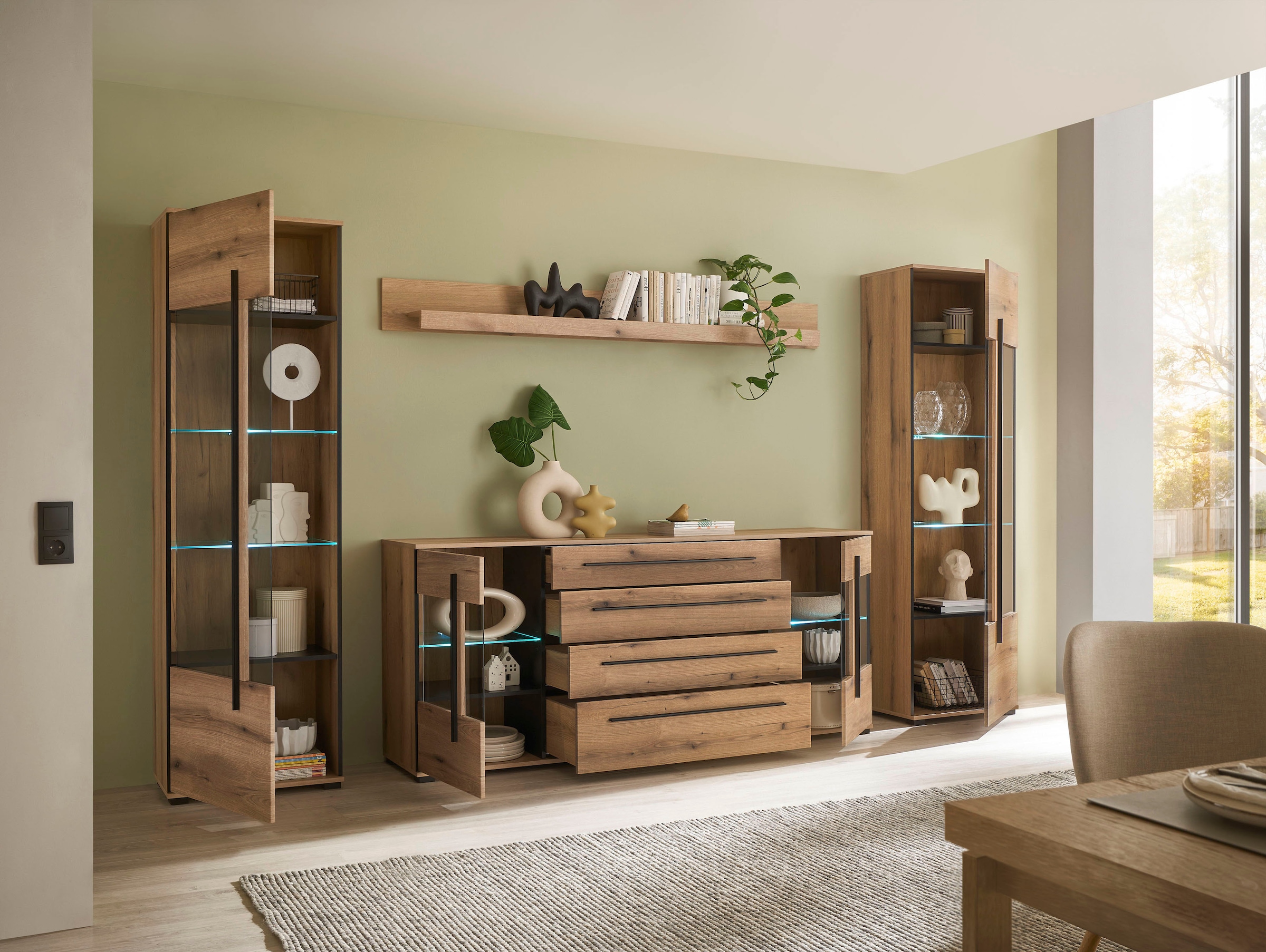 INOSIGN Wohnwand »Cantara, moderne Anbauwand, Wohnzimmer-Set, in Eiche Evoke oder Weiss«, (Set), enthält zwei Vitrinen, ein Sideboard und ein Wandboard
