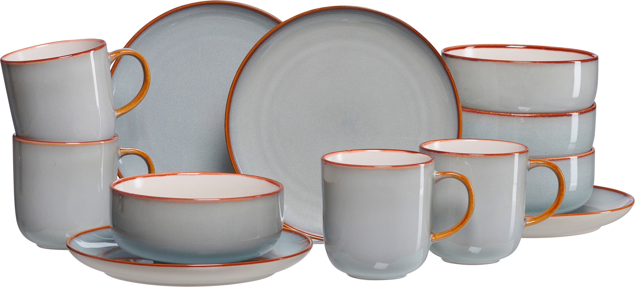 Image of Ritzenhoff & Breker Frühstücks-Geschirrset "Portofino (Teller, Schale, Kaffeebecher)" Reativglasur, jedes Teil ein Unikat, 12 Teile, für 4 Personen