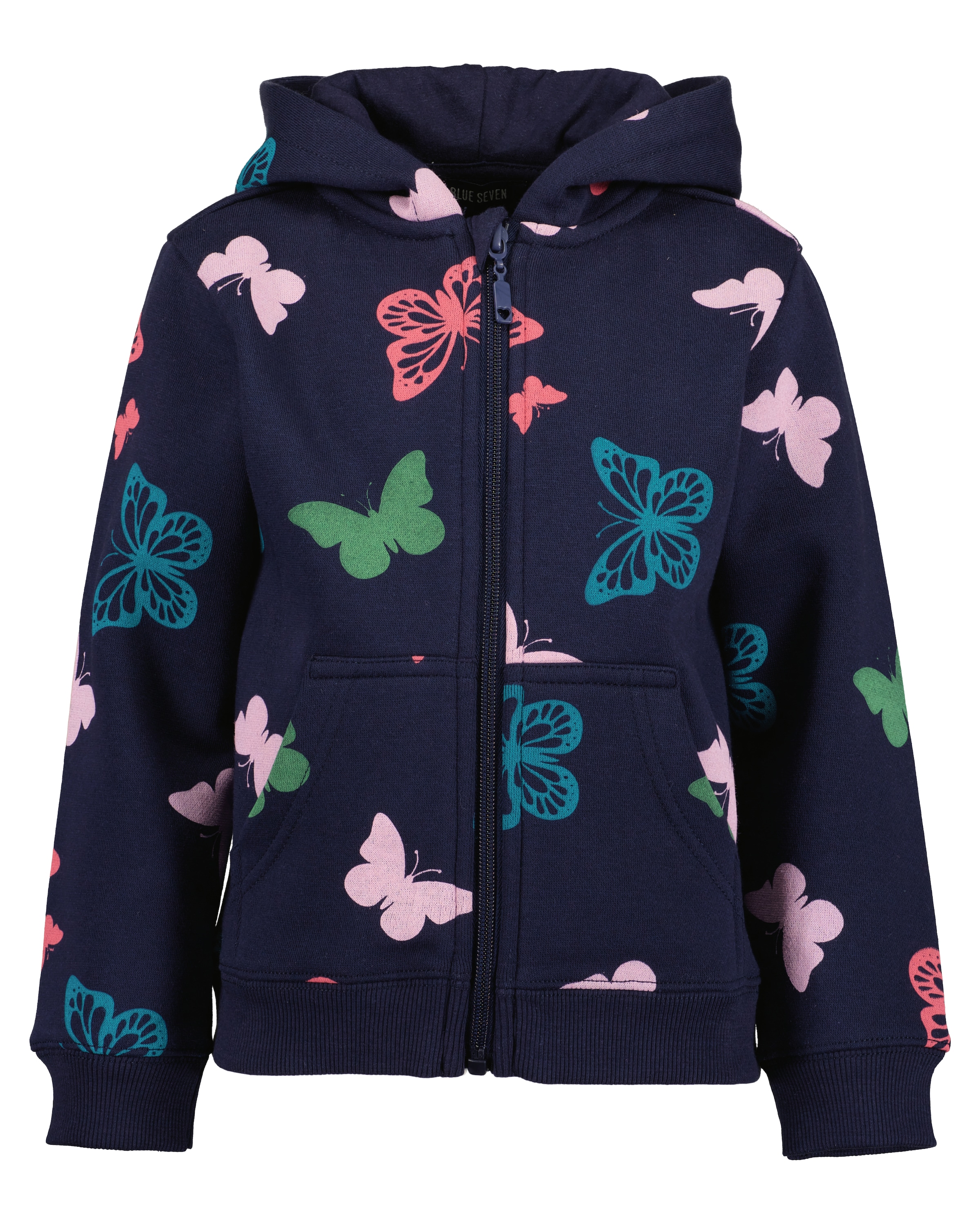 Image of Blue Seven Kapuzensweatjacke mit Kängurutasche und tollem Schmetterlings-Alloverdruck
