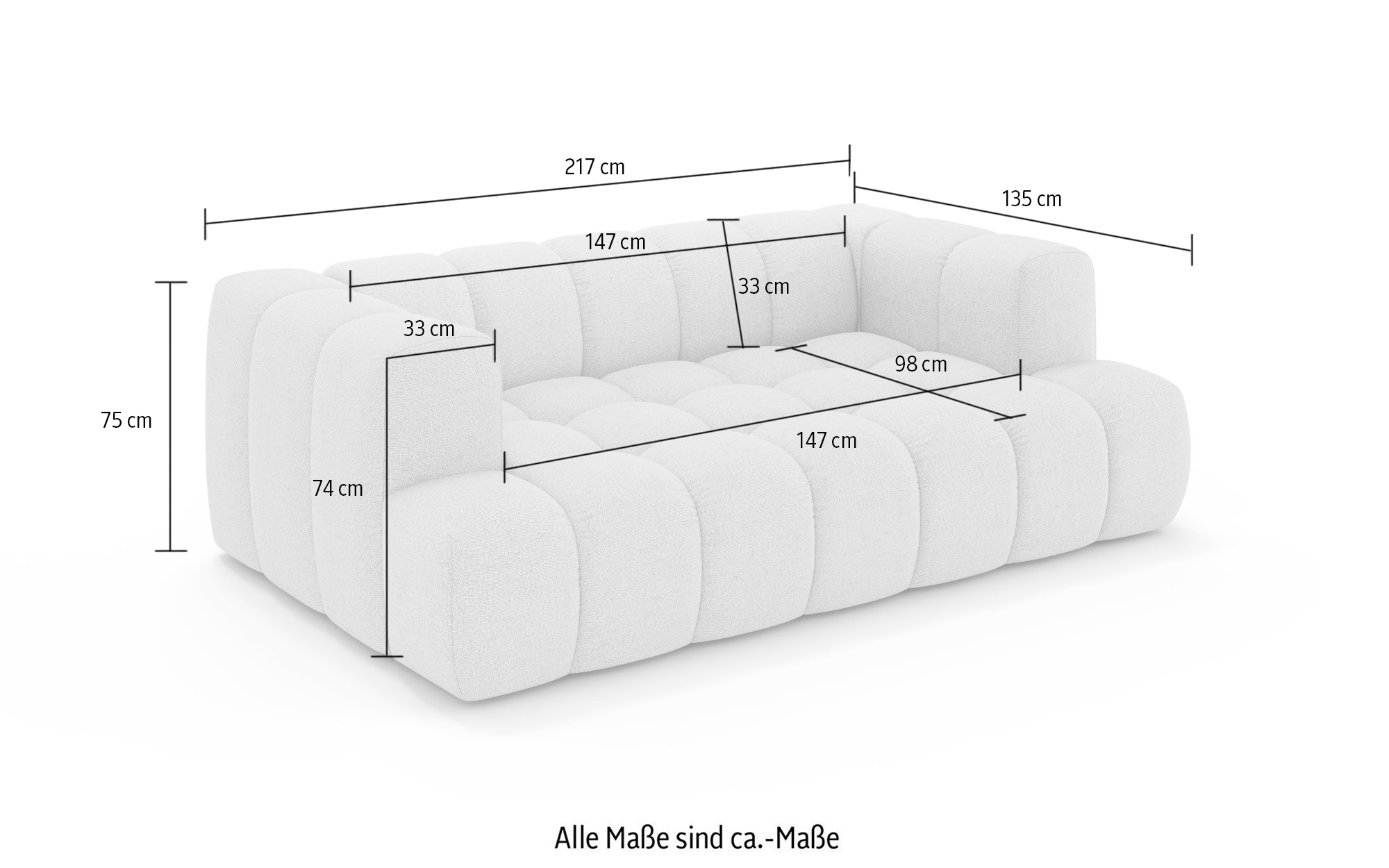 homsy by Ana Johnson 3-places »»XL« BOUBELLE Design-Sofa extra tief, Bubble-Optik, Breite 217 cm« hoher Sitzkomfort dank Wellenunterfederung,  XL Sitztiefe 100 cm