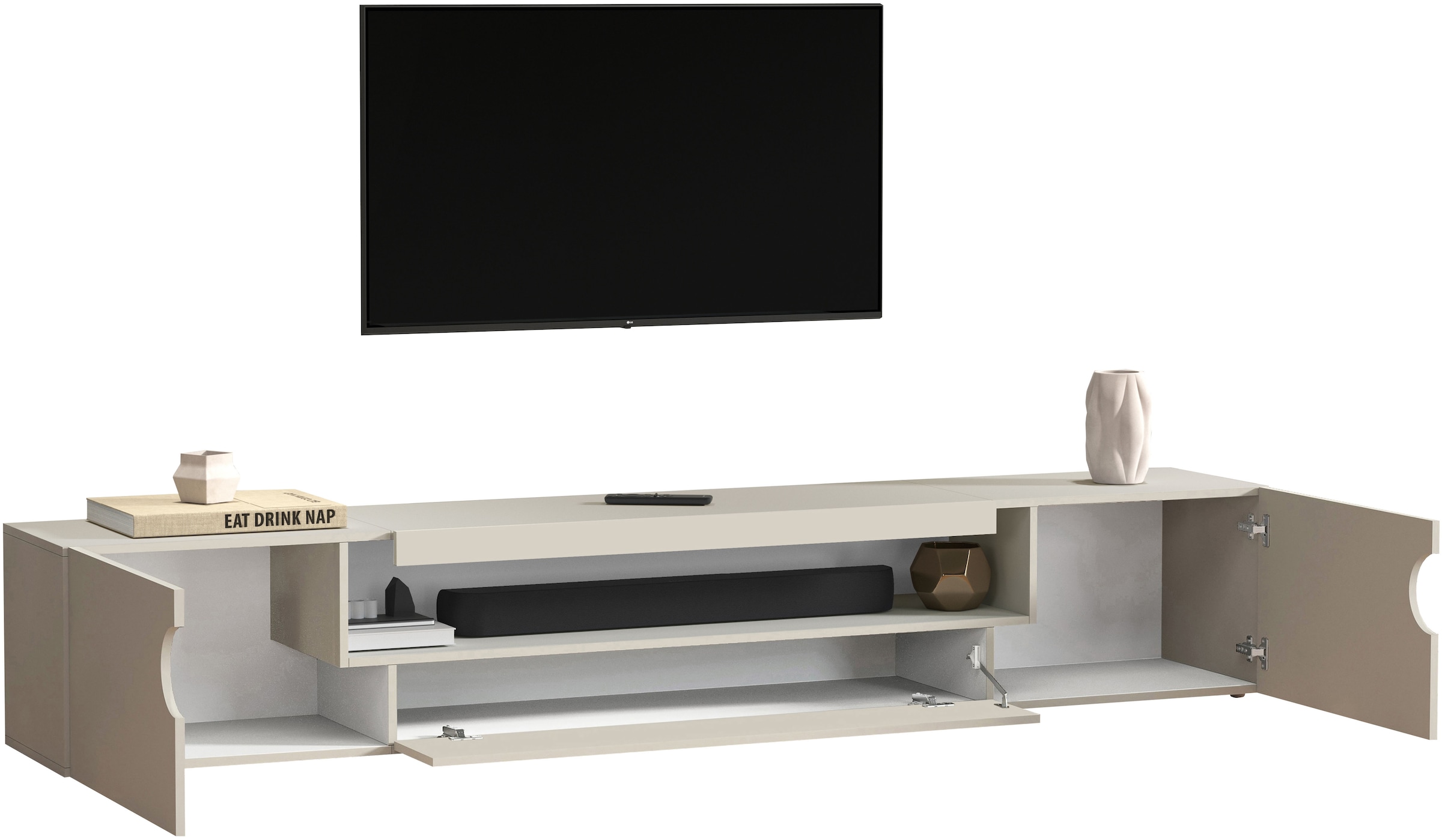 INOSIGN Lowboard »REAL TV-Möbel, 240 cm breit, 40/60 cm hoch, Hochglanz oder matt« mit 2 abgerundeten Türen, 1 Klappe, die ein ovales offenes Fach bilden