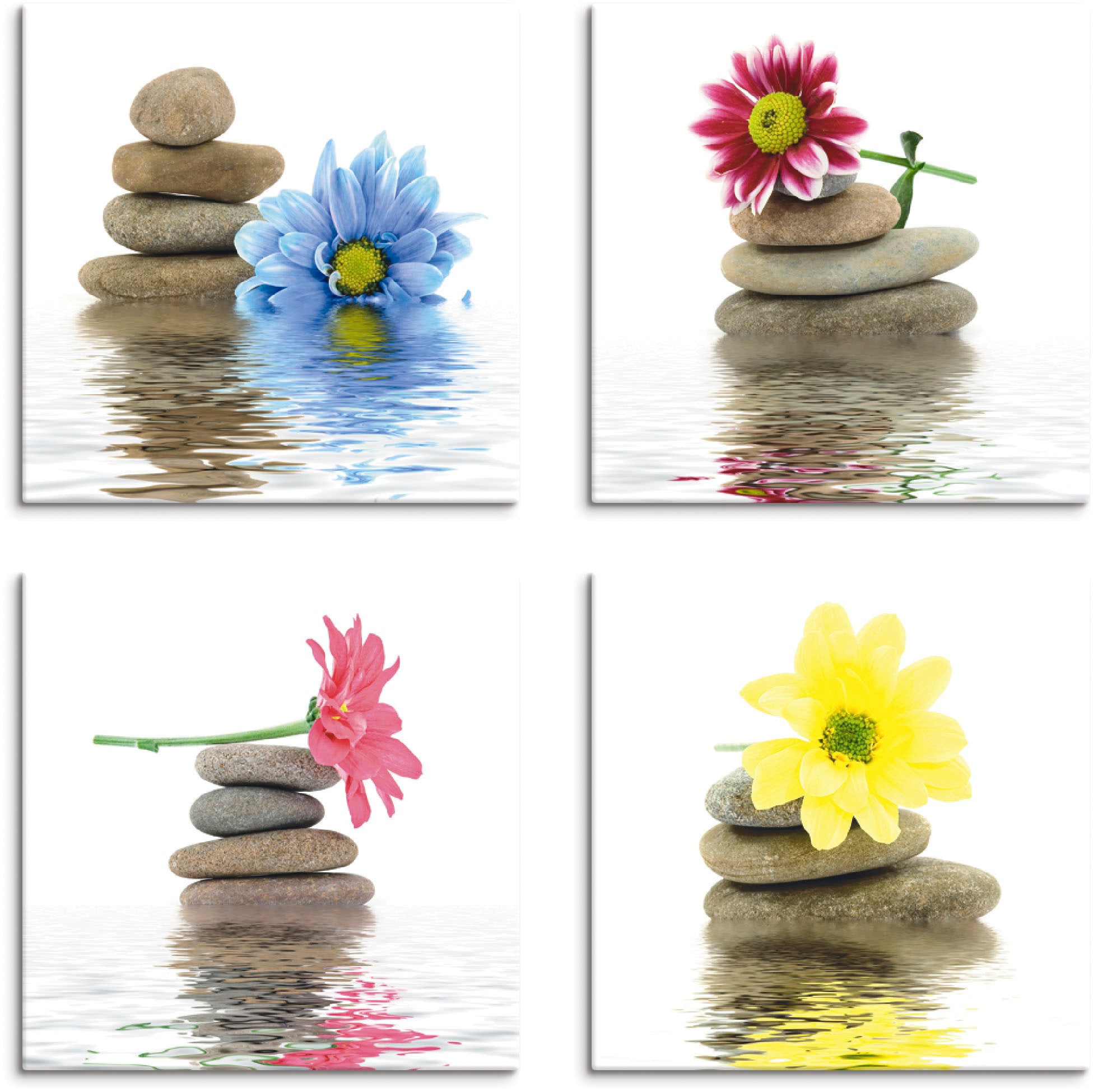 Artland Leinwandbild »Zen Therapie-Steine mit Blumen«, Zen, (4 St.), 4er Set, verschiedene Grössen