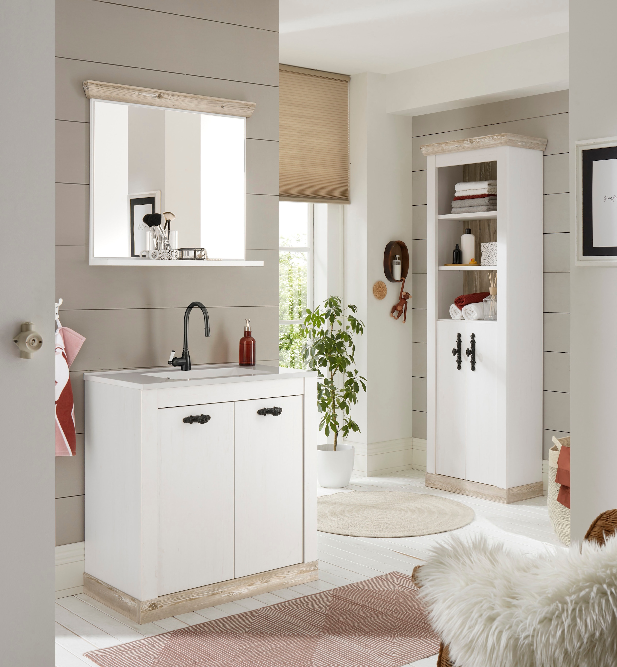 Home affaire Badmöbel-Set »Florenz, Bad im Landhausstil, 3-teiliges Badezimmer«, (3 St.), Waschtisch, Schrank und Spiegel mit Ablage, in Pinie Weiss, Stauraum