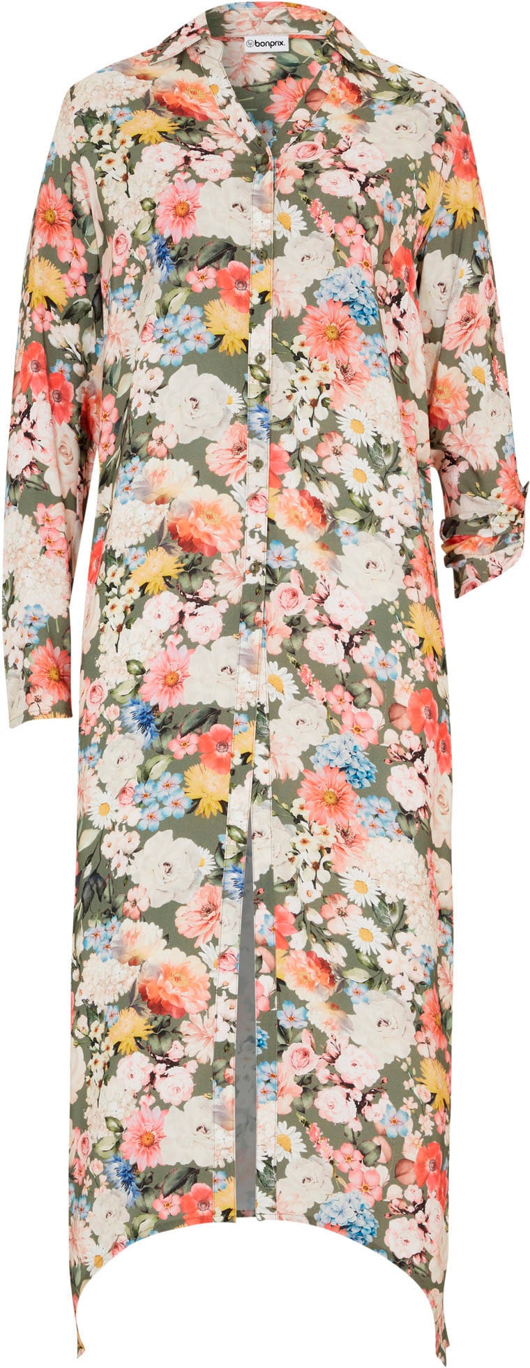 bonprix Chemisier long »Longbluse aus fliessender Viskose« extrem lange Form, aus Viskose, mit Blütendruck, mit Hemdblusenkragen