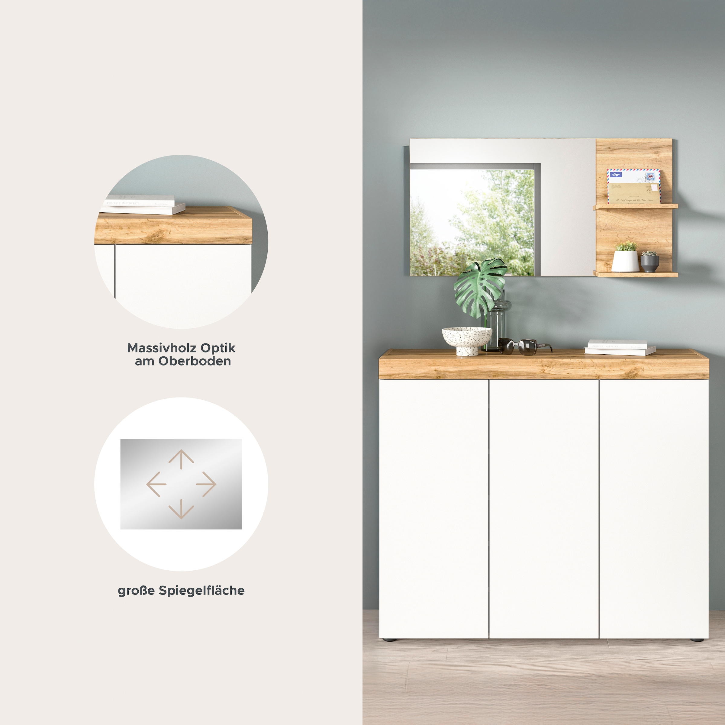 GOODproduct Ensemble de vestiaires »MAMBO, TOPSELLER!, 2-teilige Kombination, stehend & hängend montierbar« bestehend aus: Kommode, Spiegel, 2 cuis tlg.