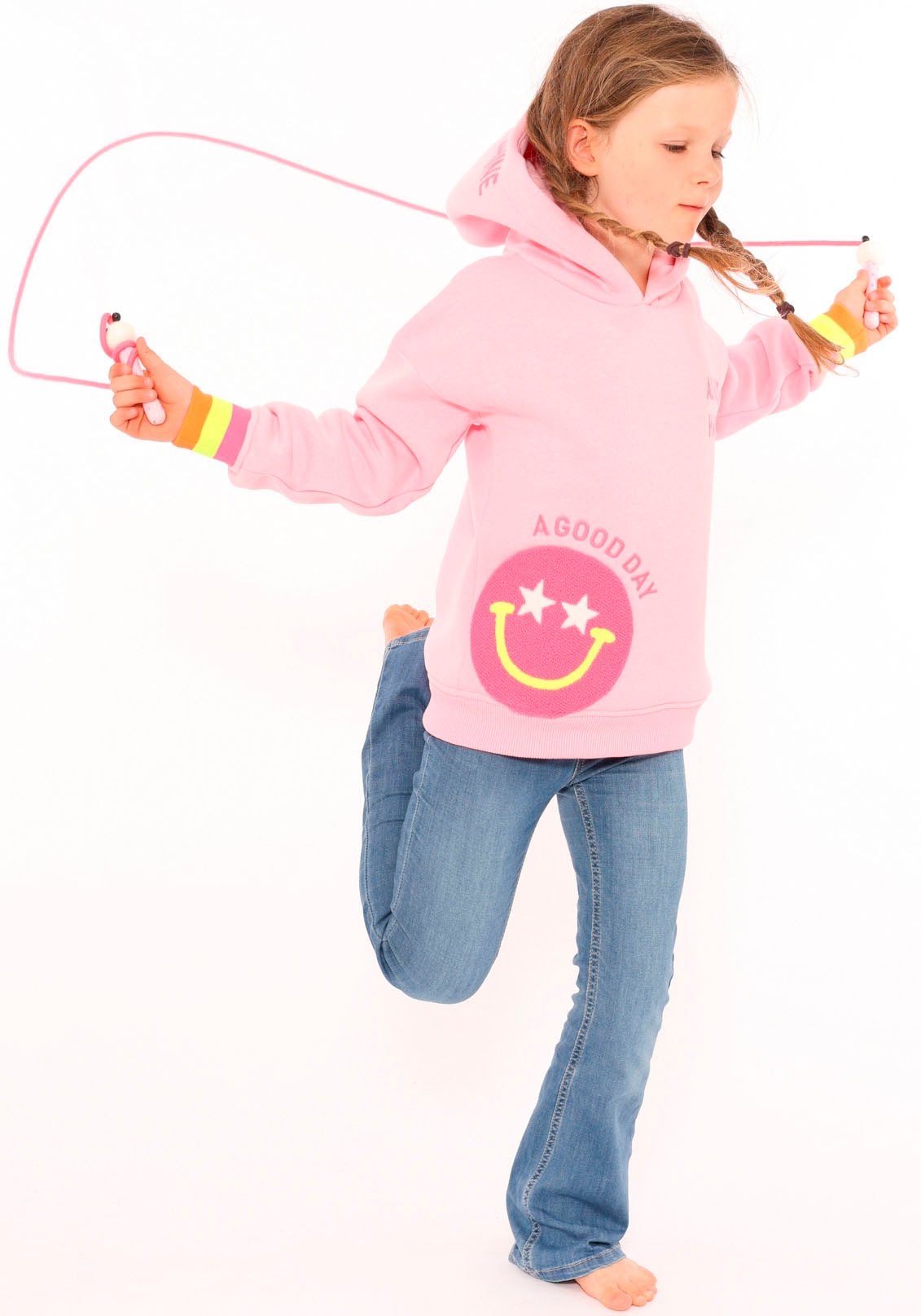 Zwillingsherz Hoodie »"Always Happy" Kids«, mit grossem Smiley und neonfarbenen Details