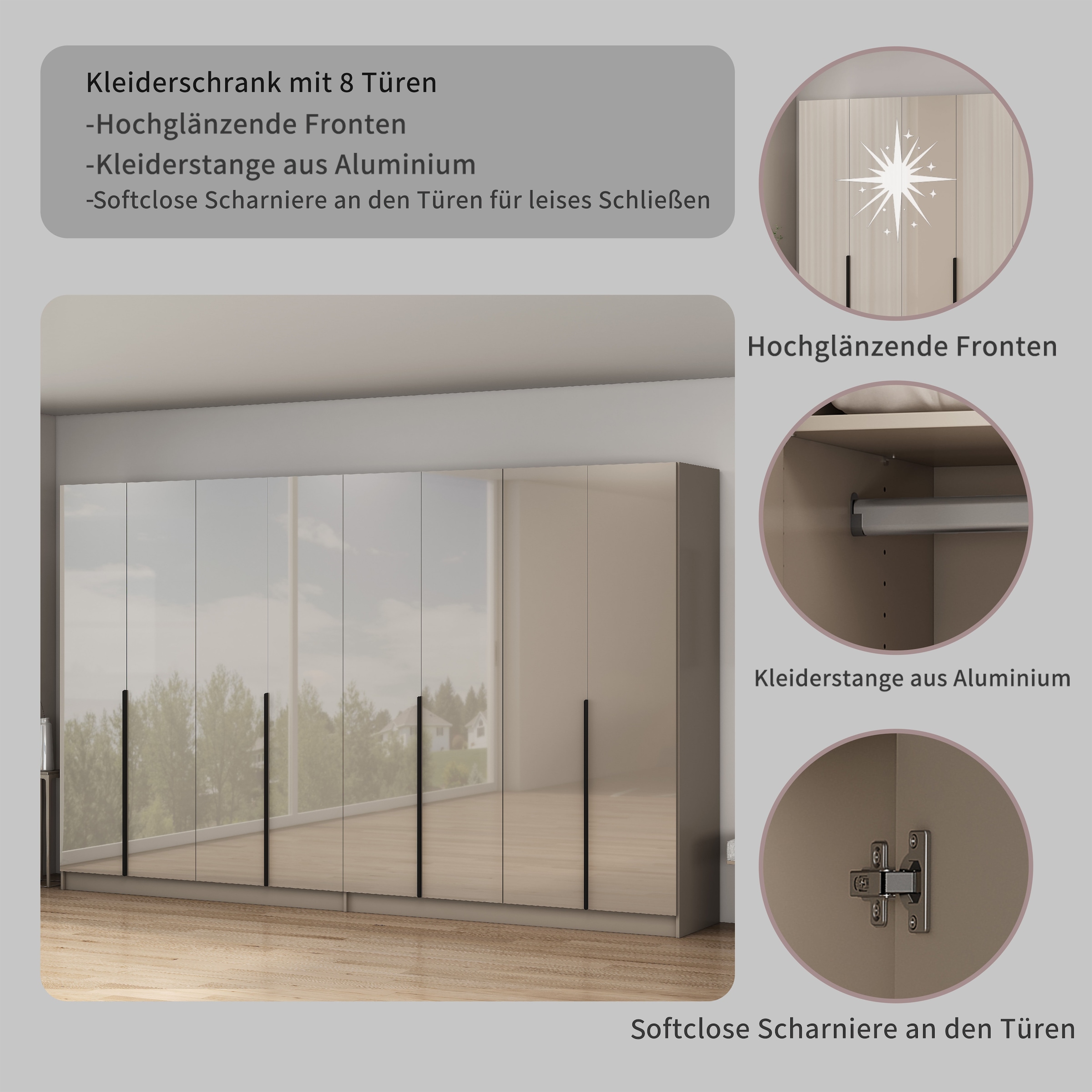 GOODproduct »Annor Schlafzimmerschrank Breite 323 cm hochglanz Schrank Garderobe« Armoire à portes battantes avec aménagement intérieur parfait - poignées de porte élégantes
