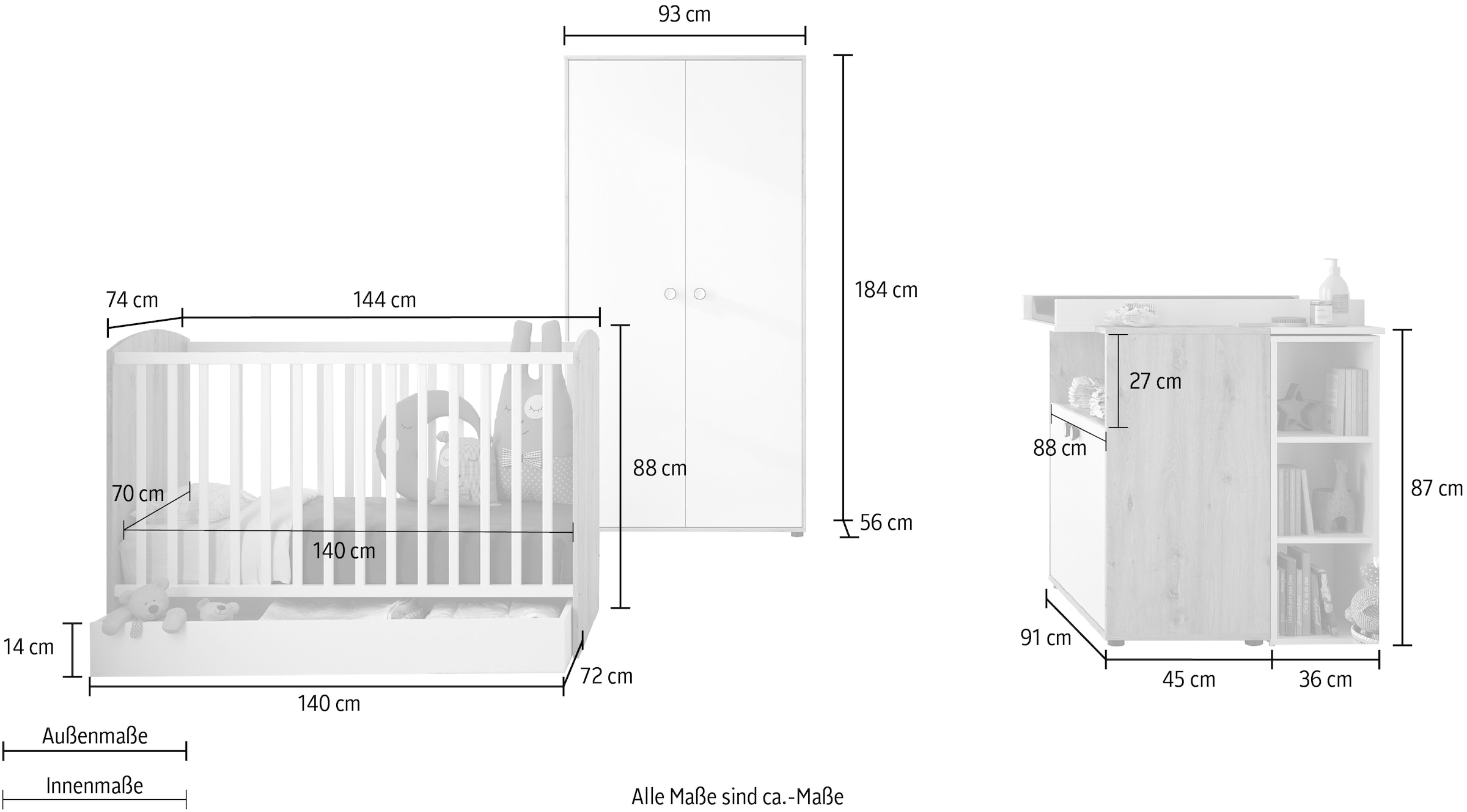 Galipette Babyzimmer-Komplettset »Arthur«, (6 tlg., mit Schrank, Bett mit Schubl, Wickelkommode, Wickelaufsatz und Regal)