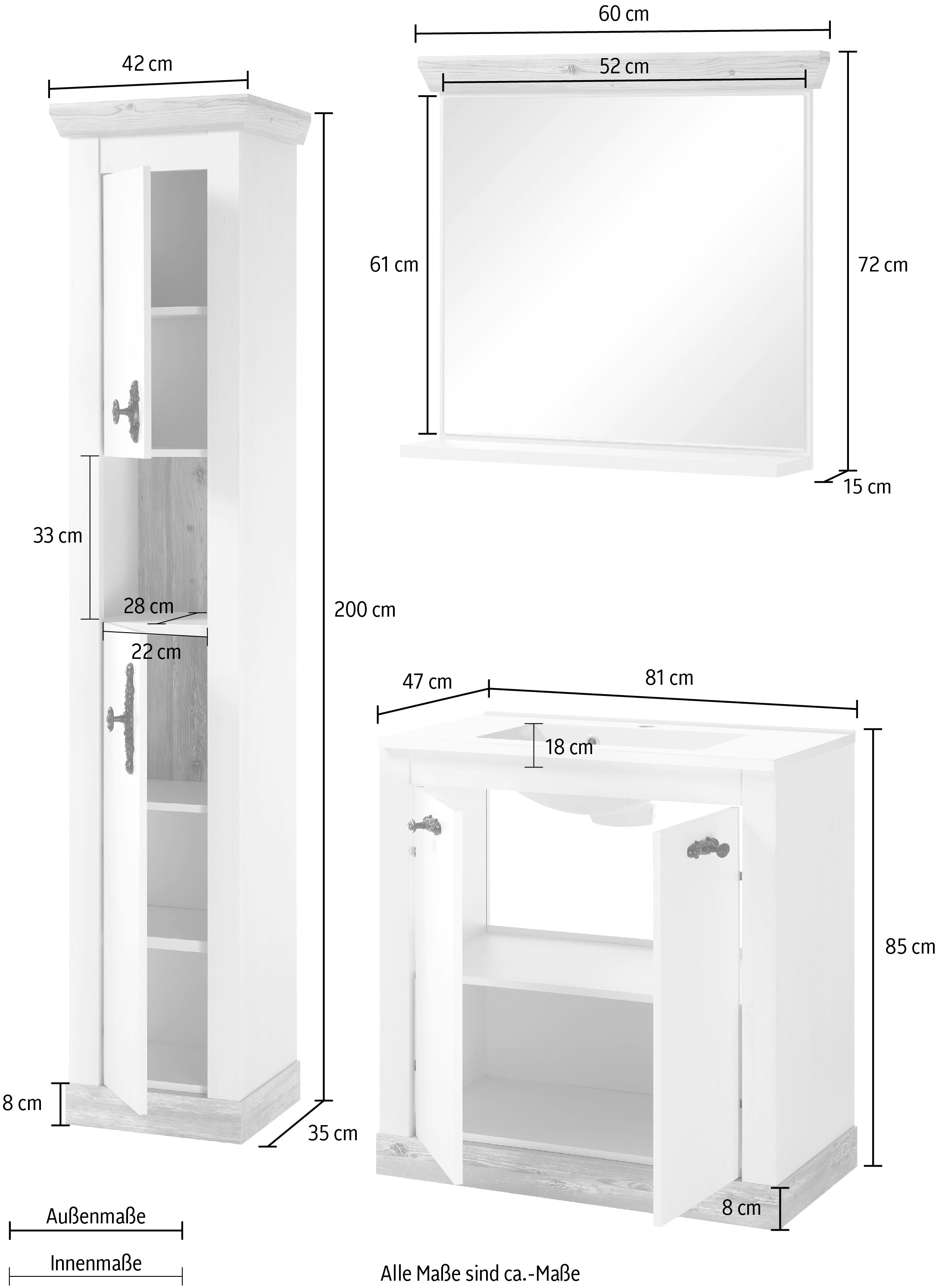 Home affaire Badmöbel-Set »Florenz, Bad im Landhausstil, 3-teiliges Badezimmer«, (3 St.), Waschtisch, Schrank und Spiegel mit Ablage, in Pinie Weiss, Stauraum