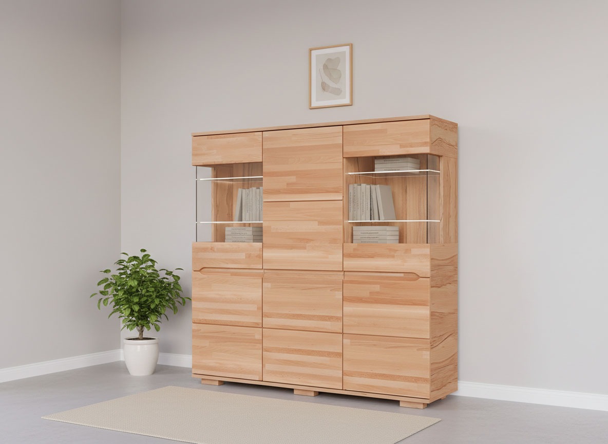 Image of GOODproduct Highboard "VETRO Teilmassiv, Fronten Massivholz, Wohnzimmer, Stauraum,Griffmulde" B/T/H:150/40/1445,5cm, 15geschlossene Fächer,verstellbare Einlegeboden