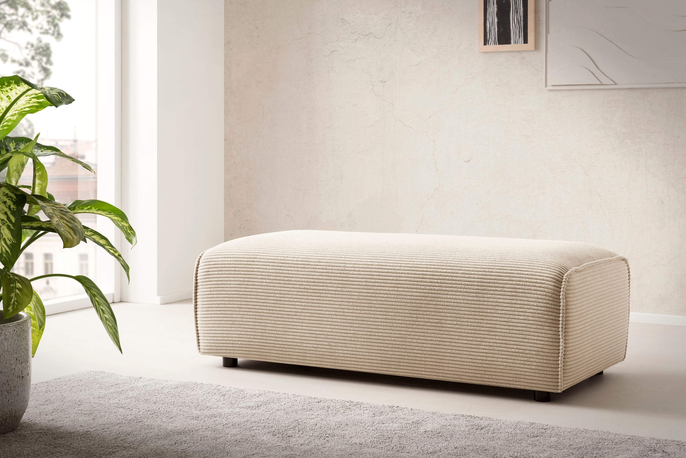 LeGer Home by Lena Gercke Hocker »PIARA, Polsterhocker mit Kedernaht in Cord oder Leinenoptik«, zur Serie PIARA, rechteckig, schwarze Füsse, bequemer Sitzkomfort
