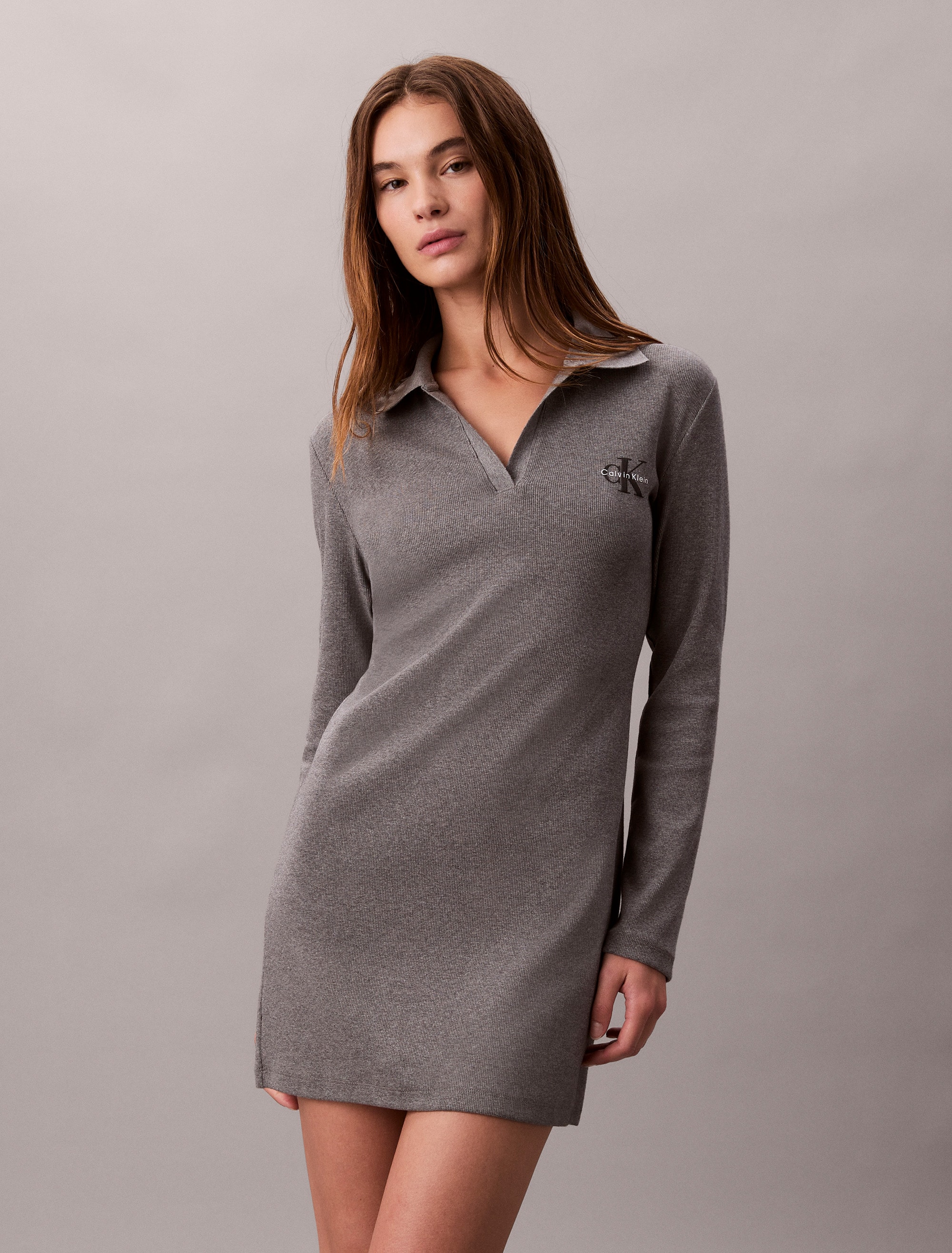 Image of Calvin Klein Minikleid "LS MONOLOGO RIB POLO MINI DRESS" Ohne Taschen Polokragen, V-Ausschnitt, figurbetont