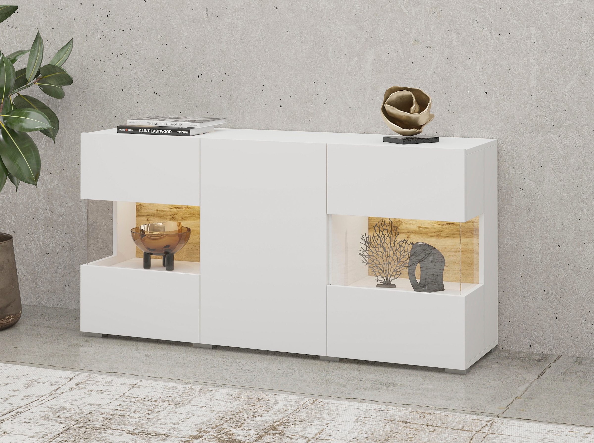 Image of Home affaire Sideboard "Ava, Breite 120 cm, hängend und stehend montierbar" moderne grifflose Kommode, Anrichte, 3Türen, Eckverglasung