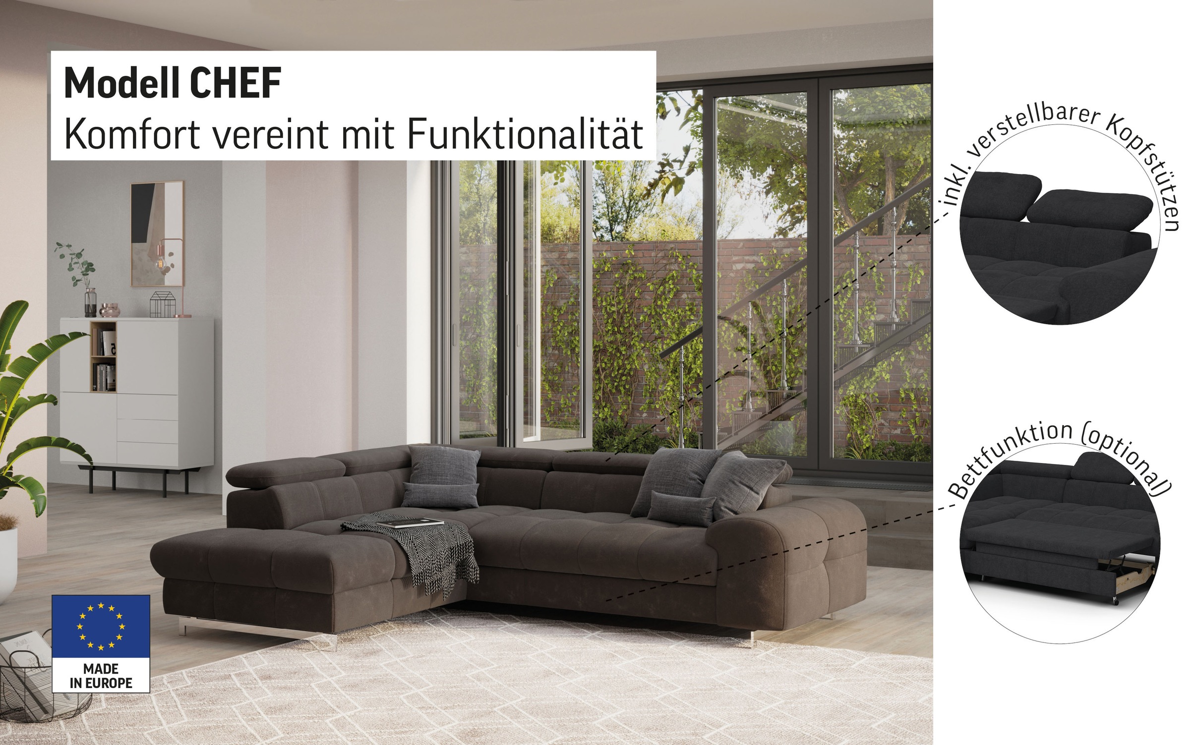 COTTA Ecksofa "Chef bequem, tolle Verarbeitungsdetails, Breite 262cm, L-Form" mit Kopfteilverstellung, edle Metallkufen, optional Schlaffunktion