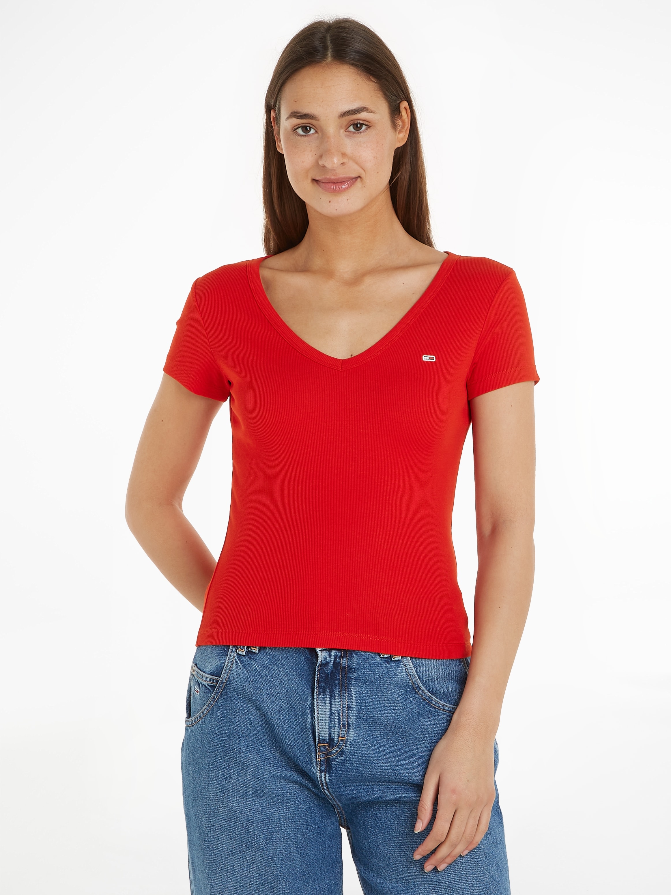 T-Shirt »Slim Essential Rib V-Neck Rippshirt«, mit Logostickerei