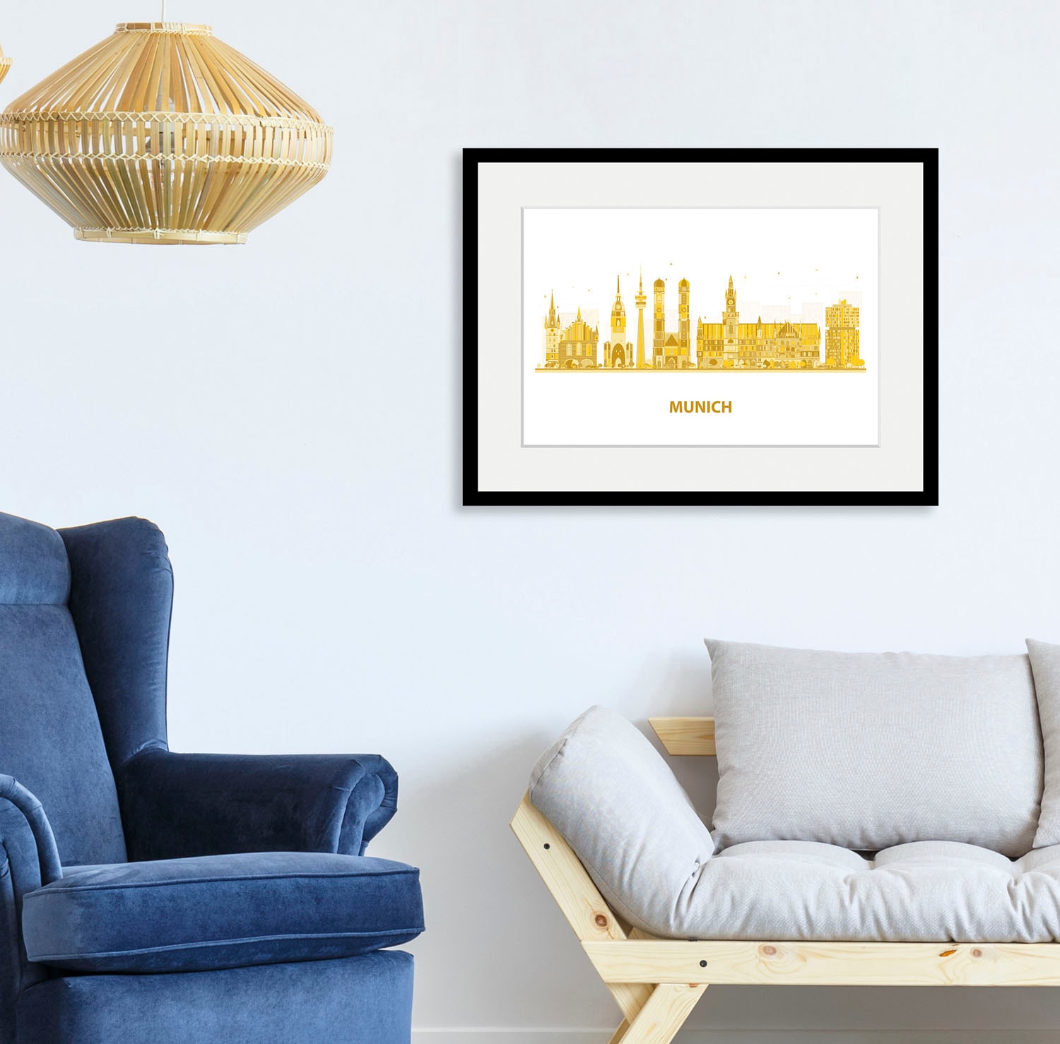 Image of queence Bild "Munich Goldstadt" Deutschland Gebäude Kirche München Schriftzug Stadt Städte 1 Stk. tlg. HD Premium Poster-Druck inkl. Holzrahmen