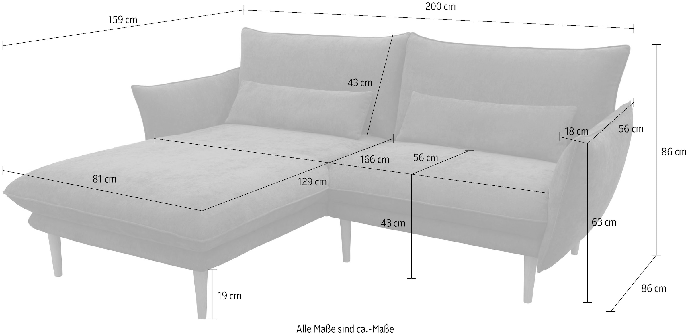 DOMO collection Ecksofa »100 032 kompakte Stellmasse, Breite 200cm, schmale Armlehnen, L-Form«, bodenfrei, 19cm hohe Holzfüsse
