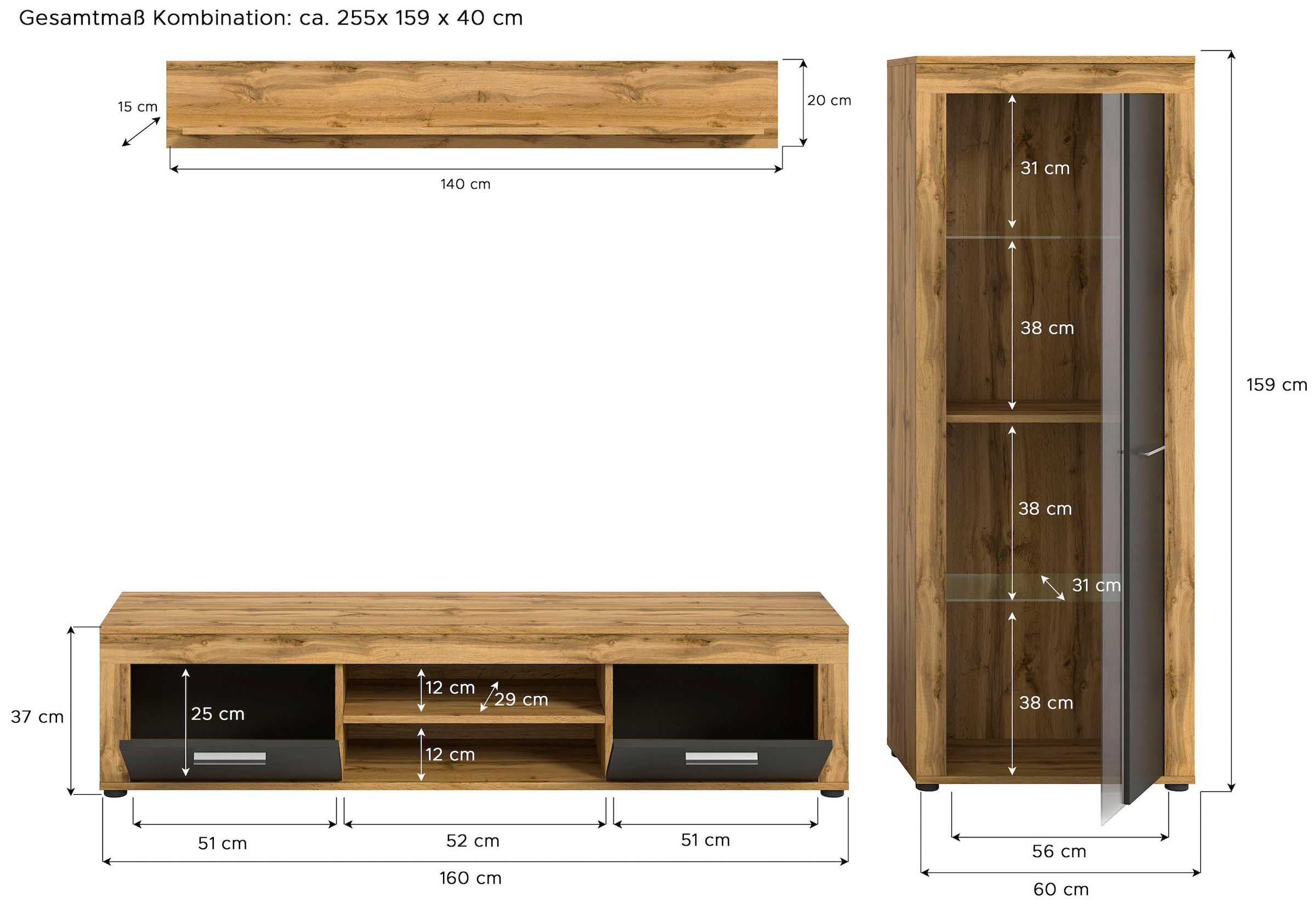 INOSIGN Wohnwand »Aosta, Breite 235cm, bestehend aus Lowboard, Wandboard, Vitrine«, (3 St.), Wohnwand, Kombination, Anbauwand, Möbel Set, Schrankwand, Möbel Kombi