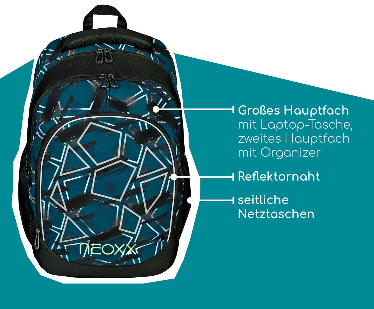 neoxx Schulrucksack »Fly, Flash yourself«, Reflektionsnaht, aus recycelten PET-Flaschen
